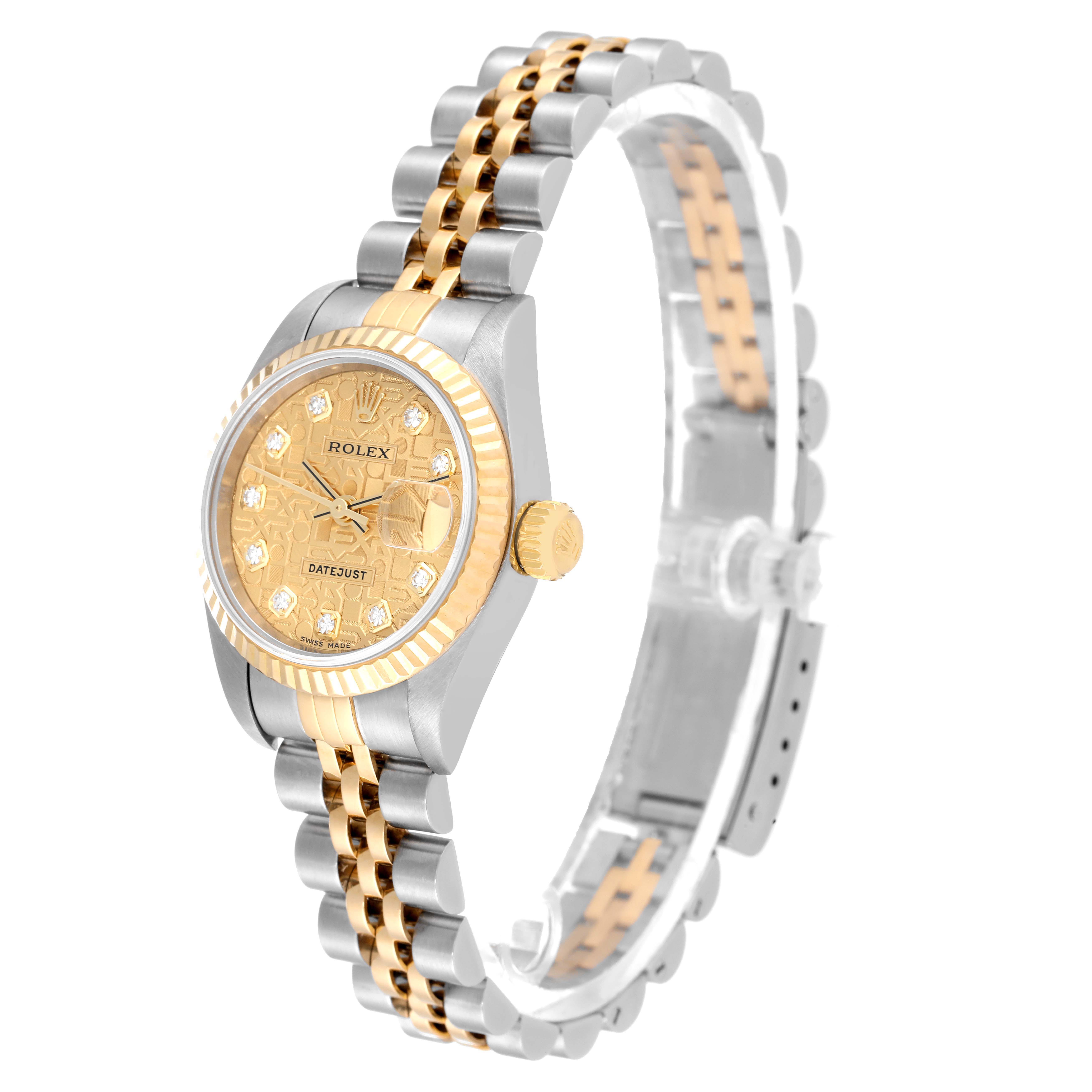 The Rolex Datejust 79173 Women
s Steel and Gold (two tone) Champagne Dial 79173 Women
s Steel and Gold (two tone) Champagne Dial watch is shown at a right-side angle, displaying the dial, bezel, crown, and bracelet.