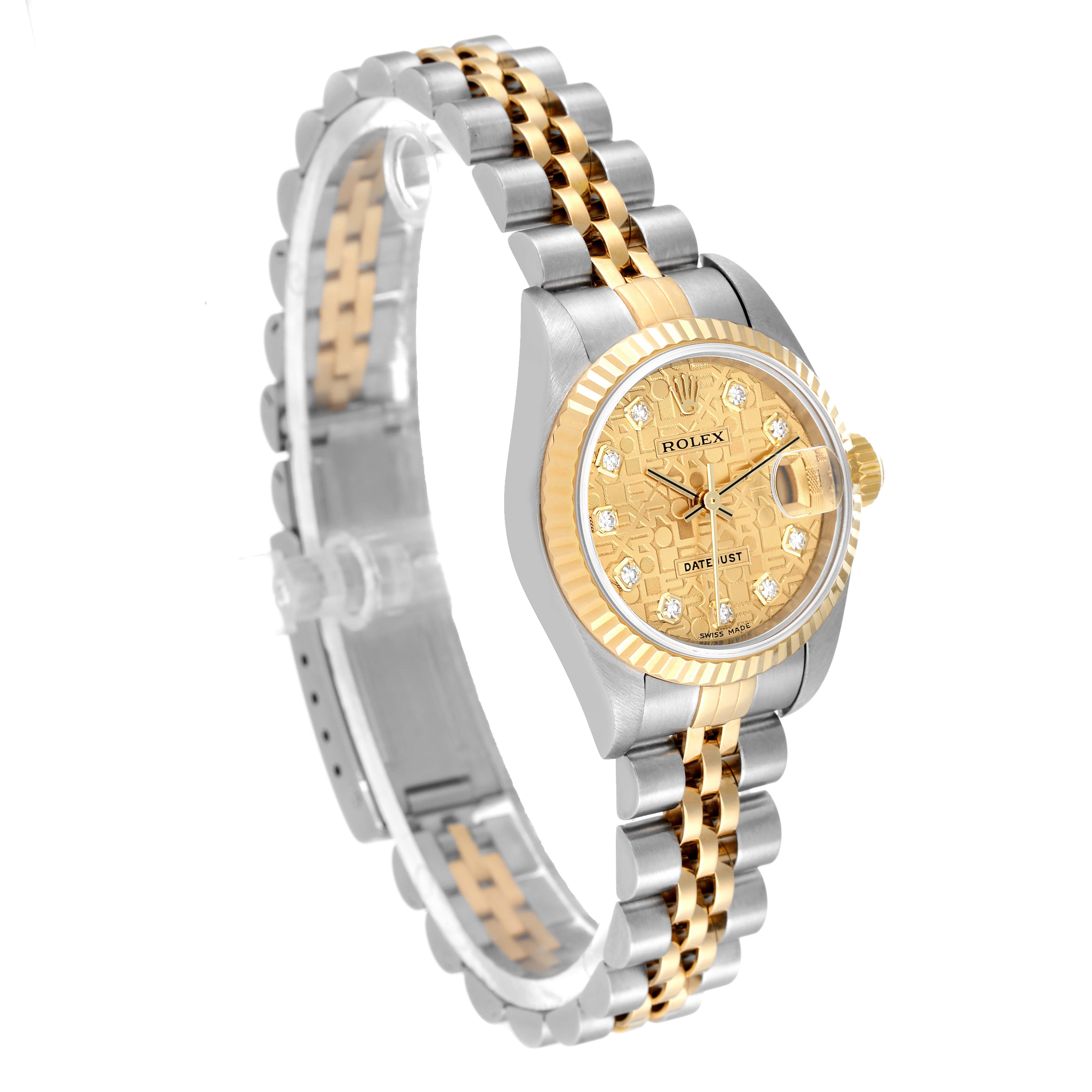 The image shows a side angle of a Rolex Datejust 79173 Women
s Steel and Gold (two tone) Champagne Dial 79173 Women
s Steel and Gold (two tone) Champagne Dial watch, displaying the dial, bezel, crown, and two-tone Jubilee bracelet.