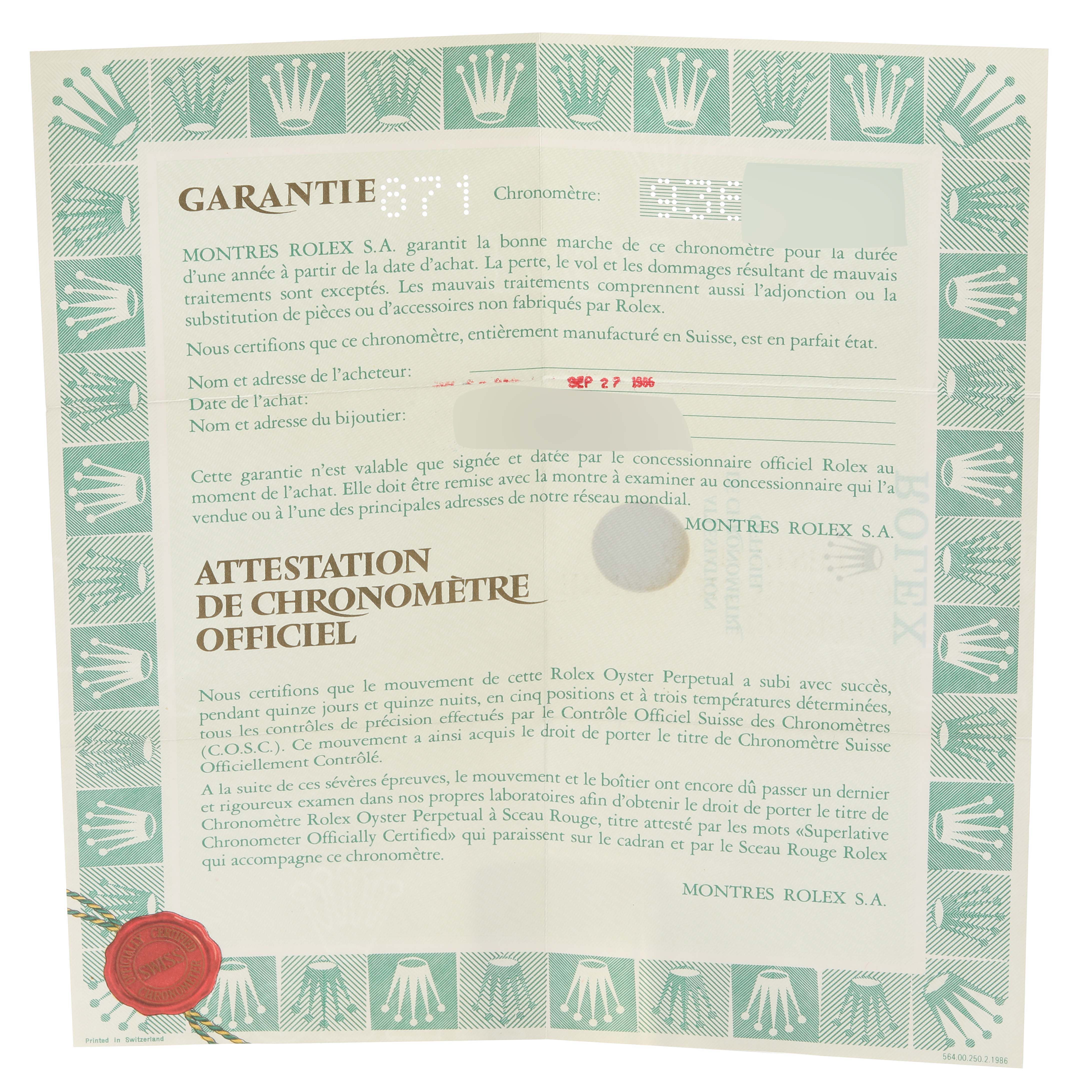 This image shows the official guarantee and chronometer certification for a Vintage Collection model by Rolex.