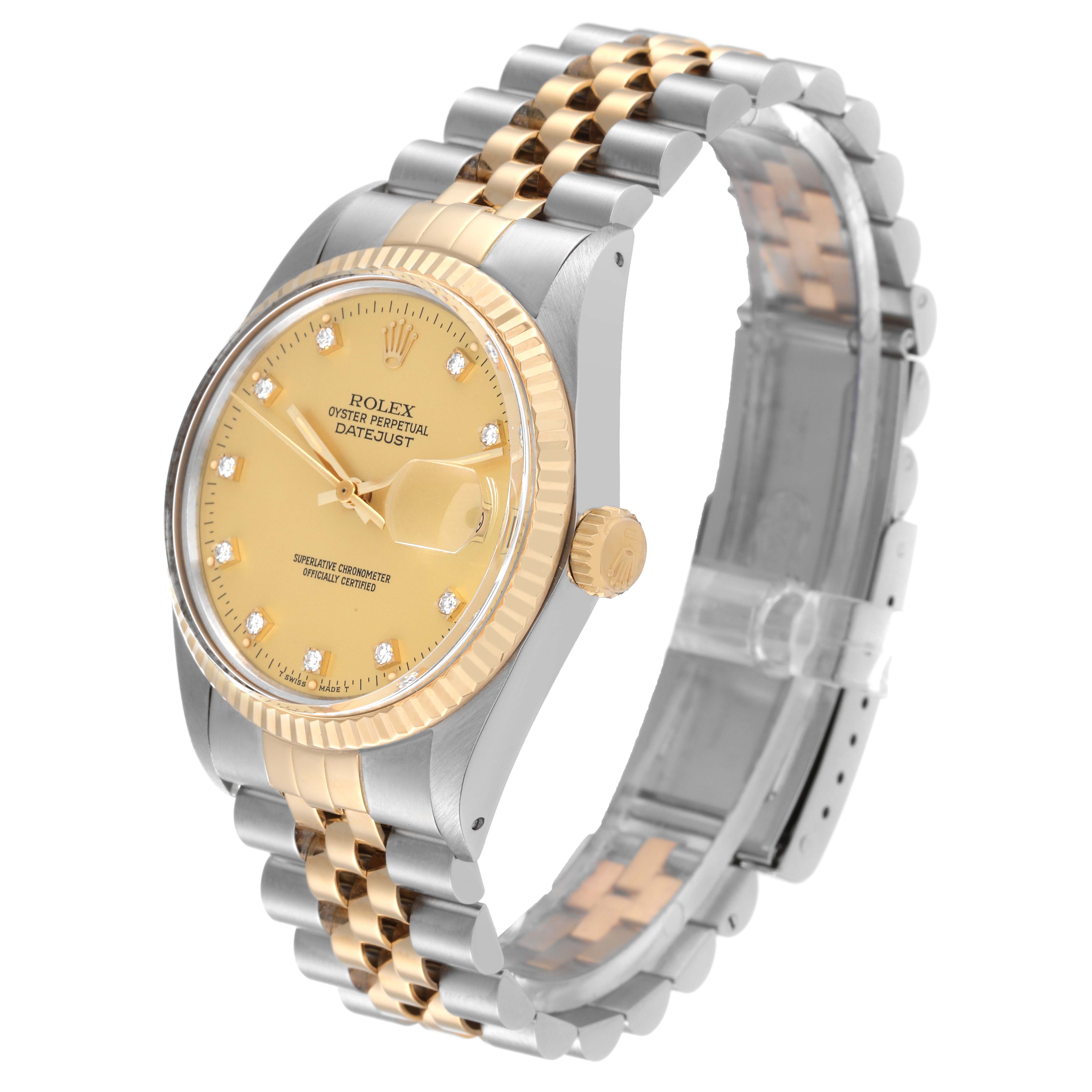 The image shows a side and angled view of the Rolex Vintage Collection 16013 Men's Steel and Gold (two tone) Champagne Dial 16013 Men's Steel and Gold (two tone) Champagne Dial Datejust watch, highlighting its face, bezel, and bracelet.