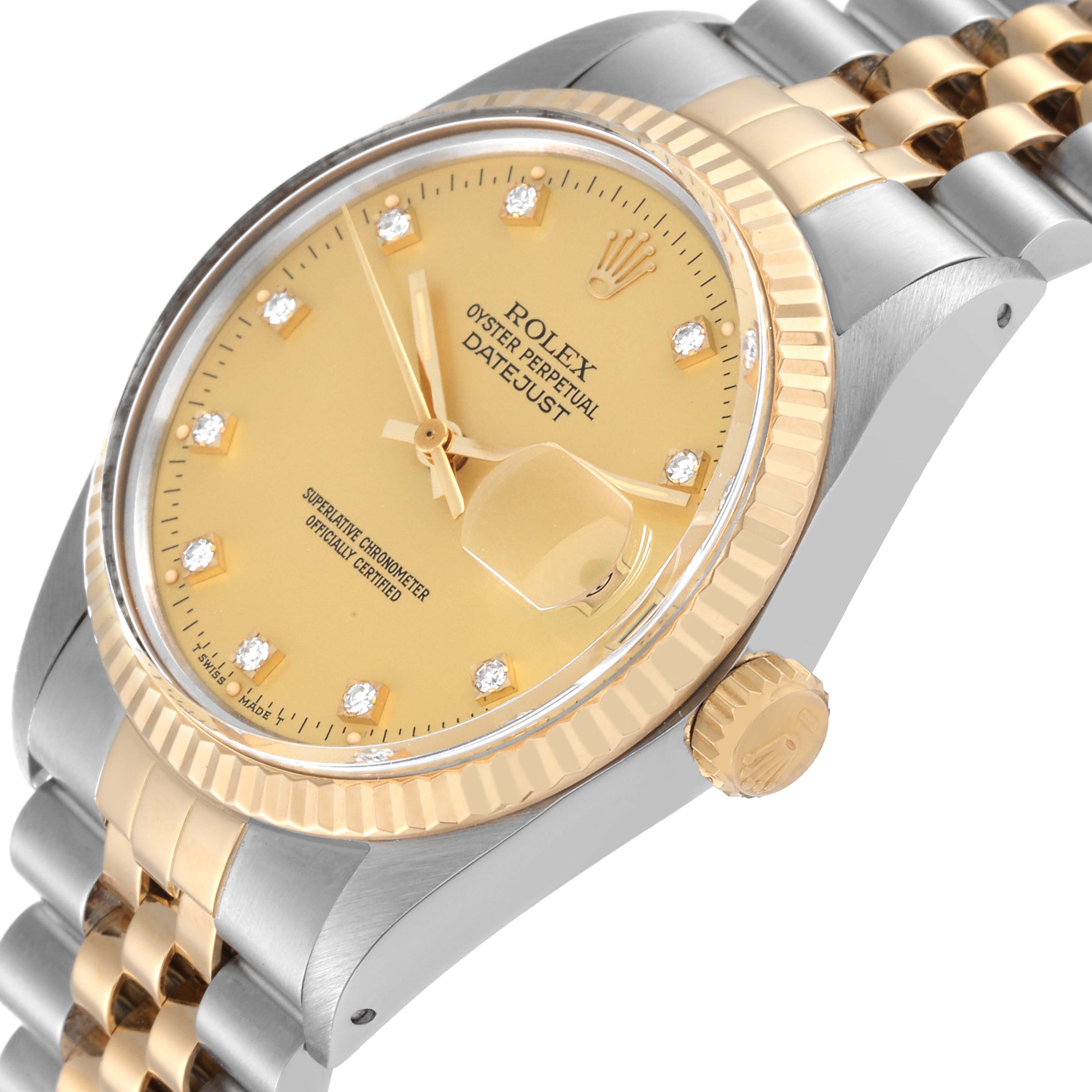The image shows a side angle of the Rolex Vintage Collection 16013 Men's Steel and Gold (two tone) Champagne Dial 16013 Men's Steel and Gold (two tone) Champagne Dial Oyster Perpetual Datejust, focusing on the dial, bezel, and crown.