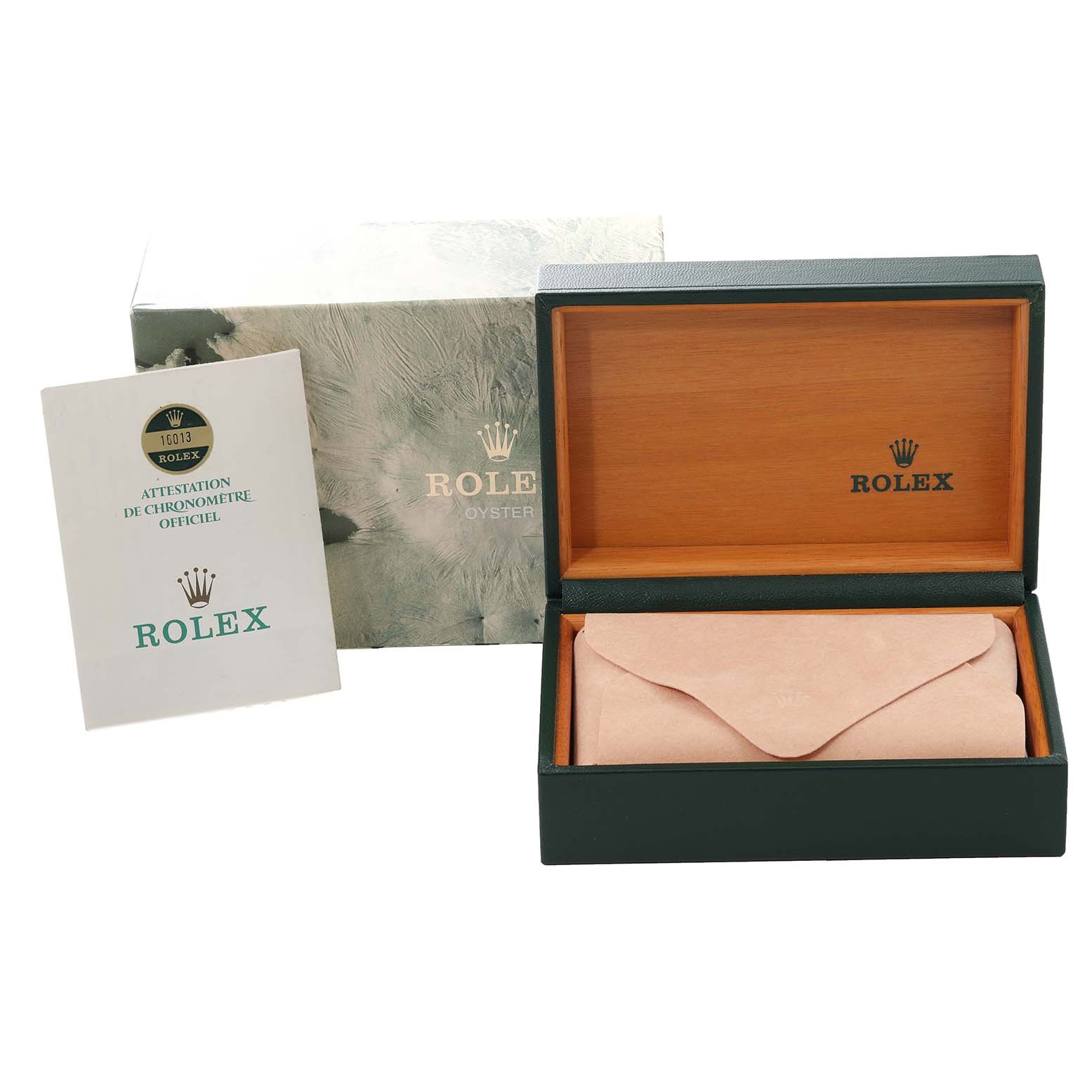 The image shows the packaging and certification for a Rolex Vintage Collection 16013 Men's Steel and Gold (two tone) Champagne Dial 16013 Men's Steel and Gold (two tone) Champagne Dial model, including the box and official documents.