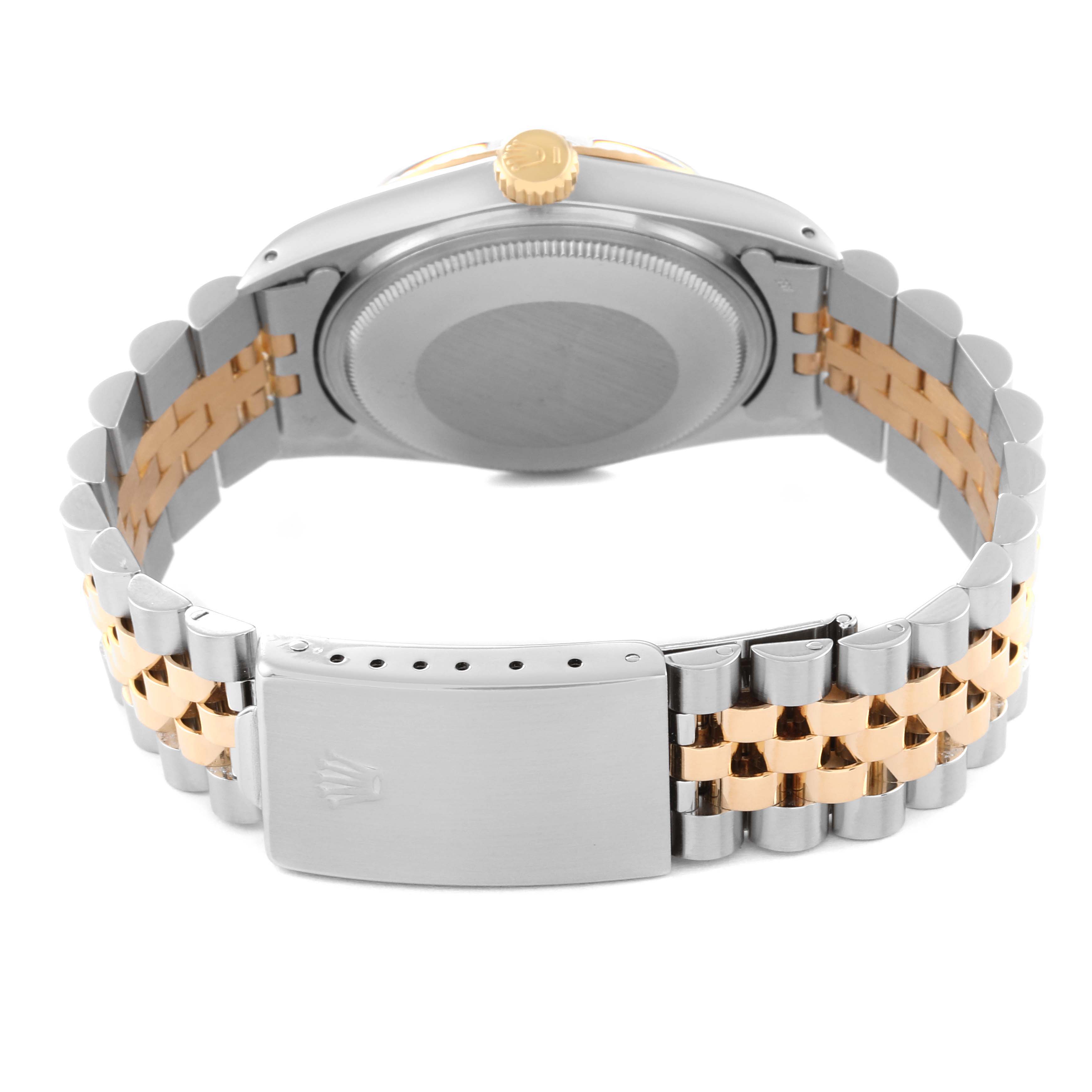 The image shows the clasp, case back, and bracelet of the Rolex Vintage Collection 16013 Men's Steel and Gold (two tone) Champagne Dial 16013 Men's Steel and Gold (two tone) Champagne Dial watch from a rear angle.