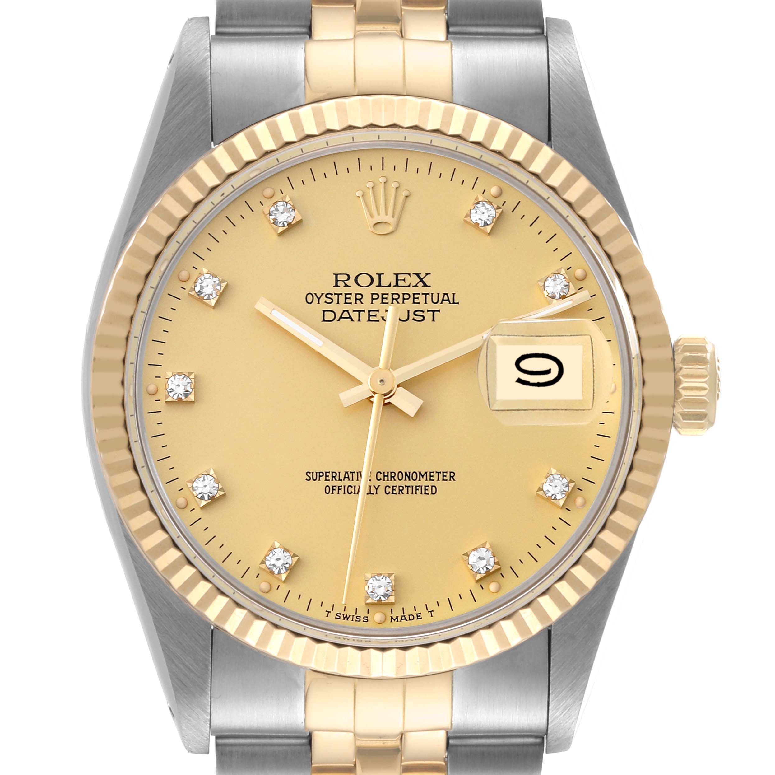 The image shows a front view of the Rolex Vintage Collection 16013 Men's Steel and Gold (two tone) Champagne Dial 16013 Men's Steel and Gold (two tone) Champagne Dial Datejust, showcasing its dial, bezel, crown, and part of the bracelet.
