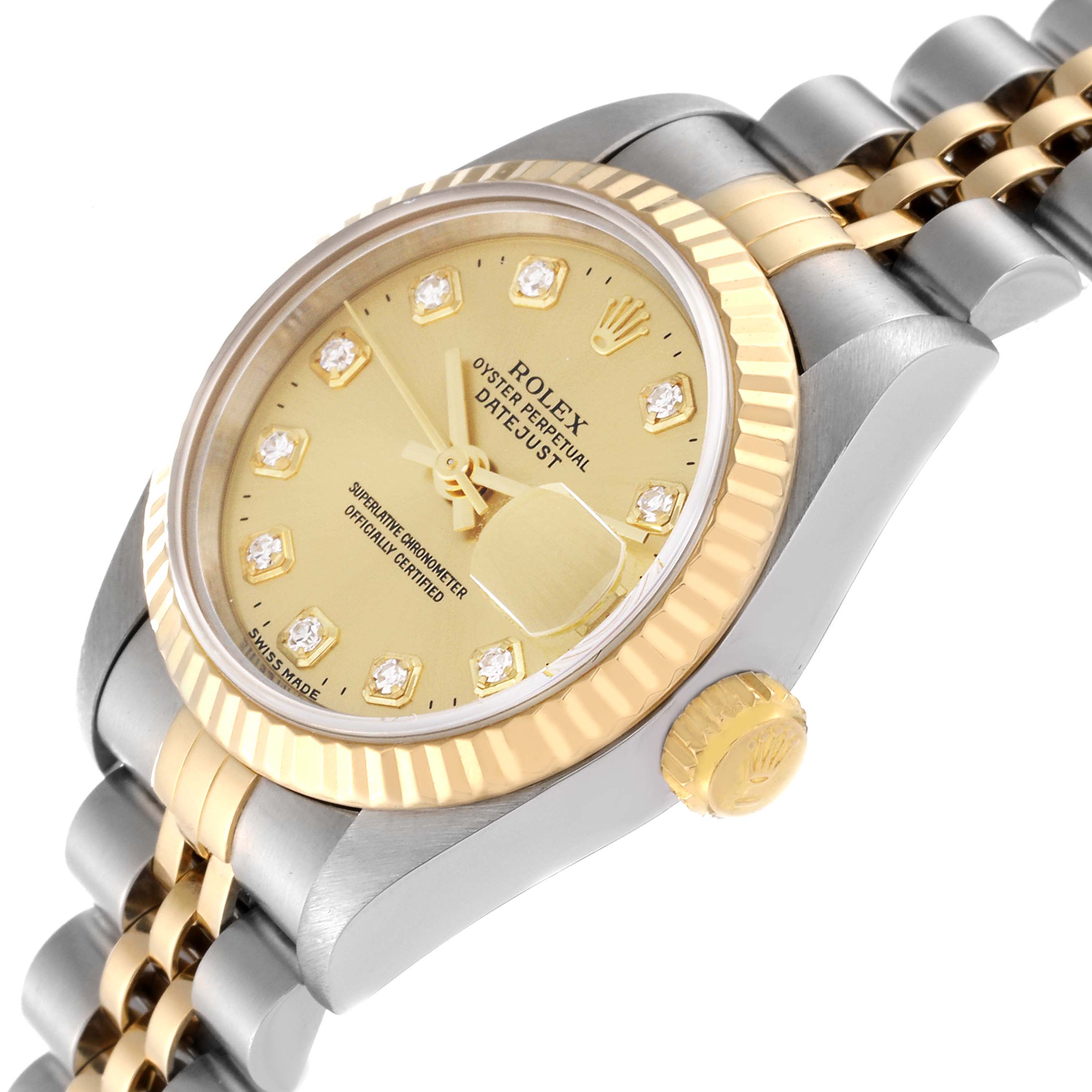 This image shows a close-up angle of the Rolex Datejust 69173 Women's Steel and Gold (two tone) Champagne Dial 69173 Women's Steel and Gold (two tone) Champagne Dial featuring its gold dial, fluted bezel, and two-tone bracelet.