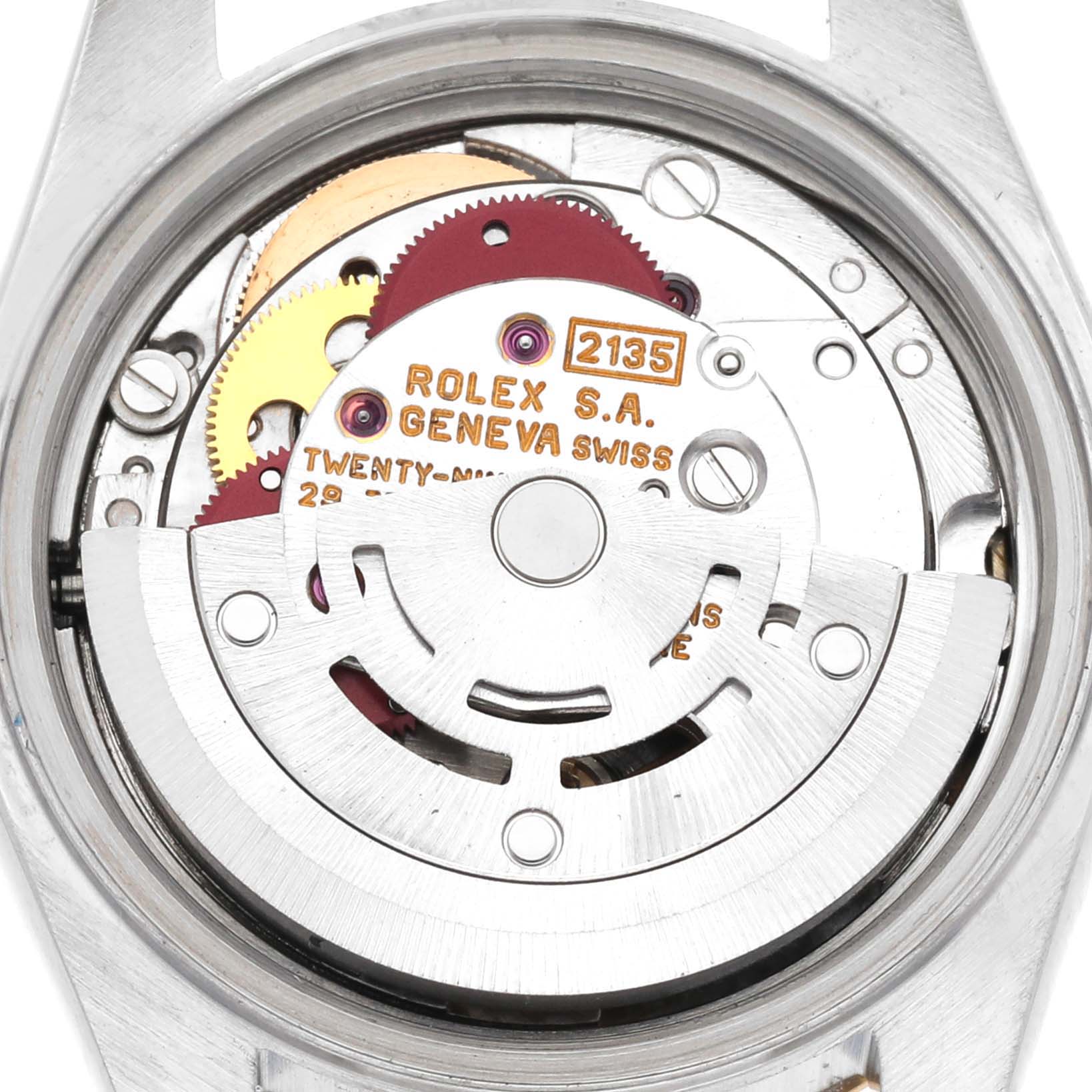 This is a close-up view of the Rolex Datejust 69173 Women's Steel and Gold (two tone) Champagne Dial 69173 Women's Steel and Gold (two tone) Champagne Dial's movement, showing its intricate internal mechanisms.