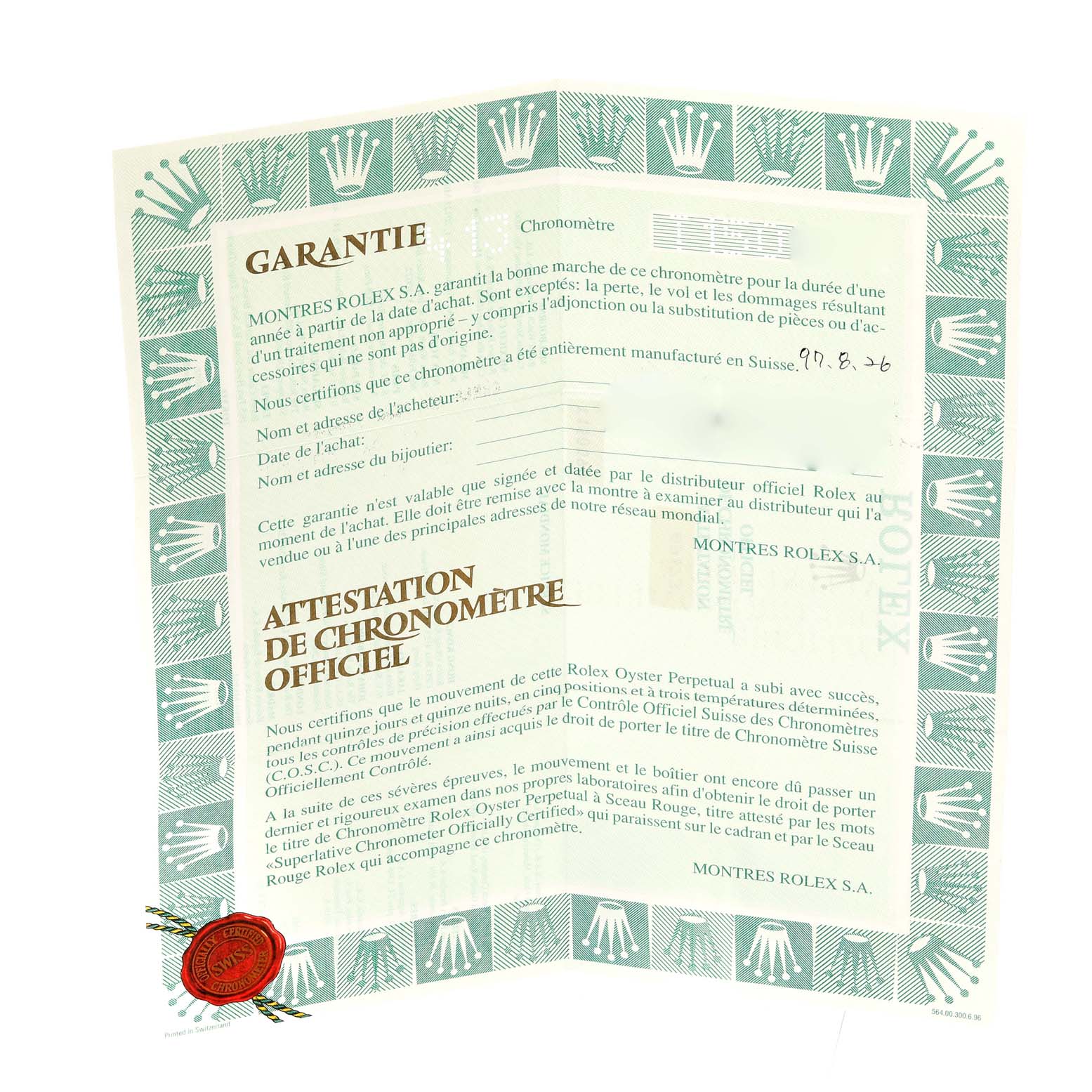 The image shows the warranty and official chronometer certification documents for a Rolex Datejust 69173 Women's Steel and Gold (two tone) Champagne Dial 69173 Women's Steel and Gold (two tone) Champagne Dial model.