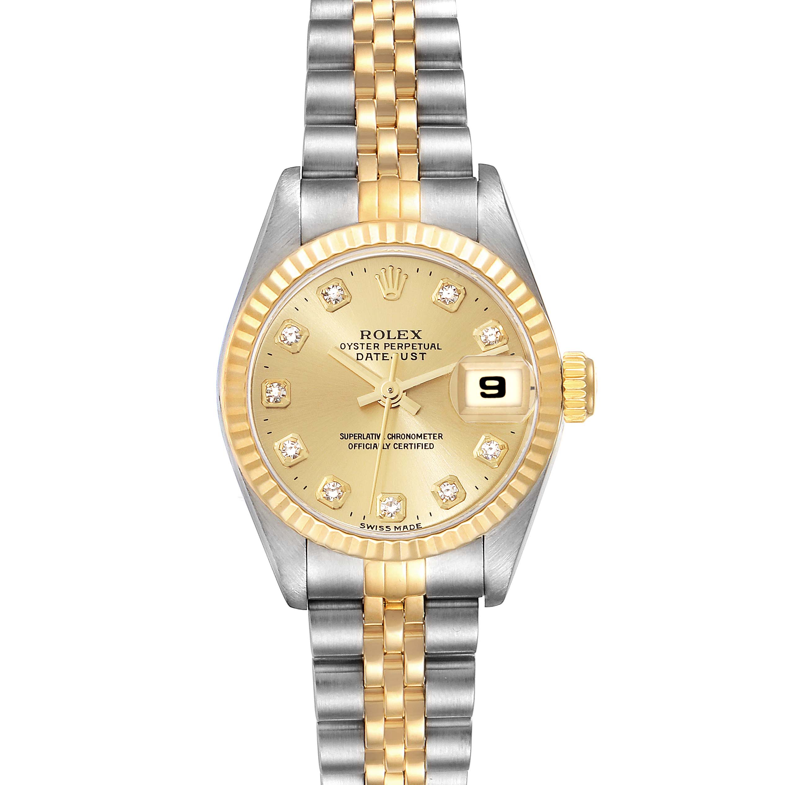 This is a Rolex Datejust 69173 Women's Steel and Gold (two tone) Champagne Dial 69173 Women's Steel and Gold (two tone) Champagne Dial watch shown from a frontal angle, featuring the dial, hands, bezel, and bracelet.