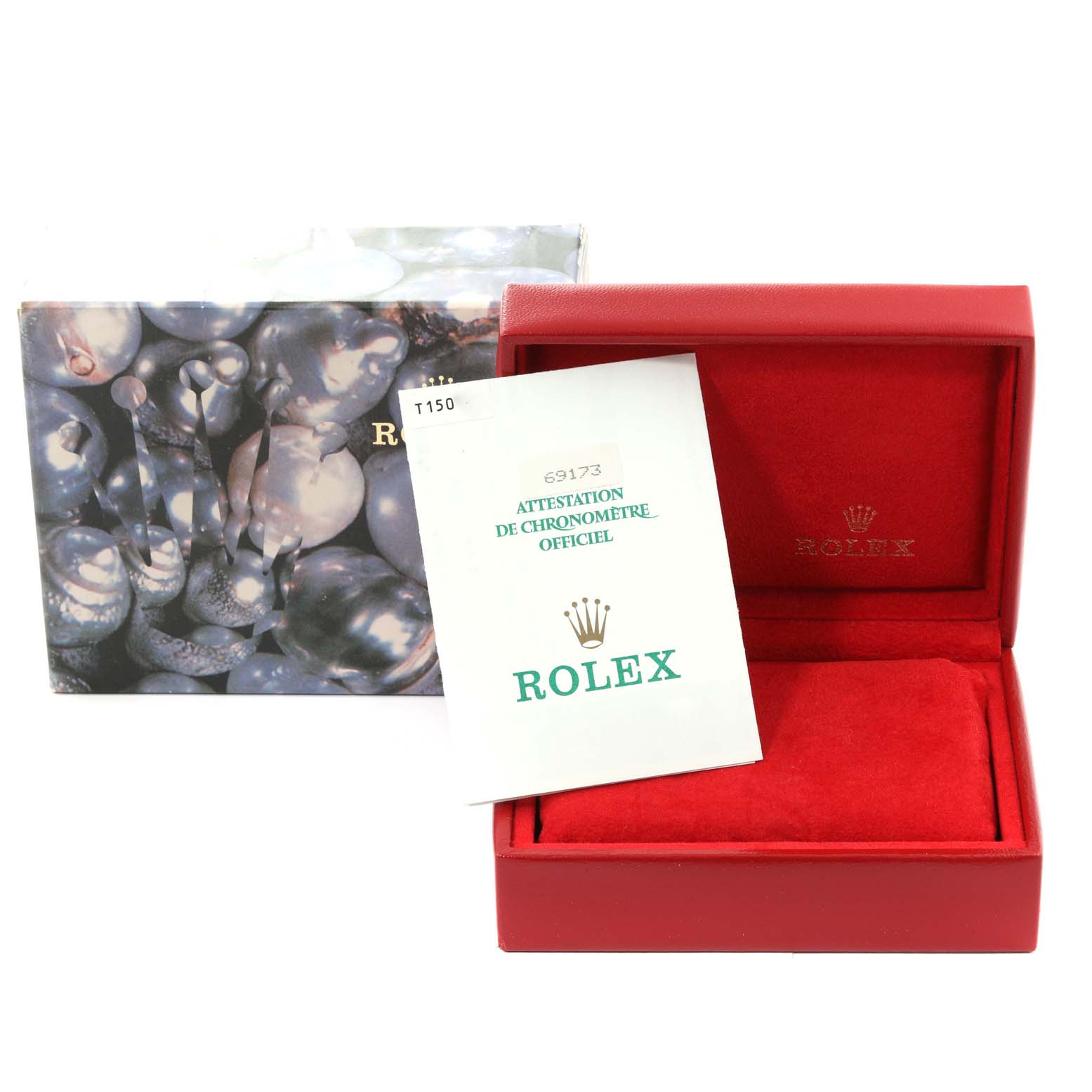 The image shows the packaging and certification booklet for a Rolex Datejust 69173 Women's Steel and Gold (two tone) Champagne Dial 69173 Women's Steel and Gold (two tone) Champagne Dial watch, including a red watch box and an outer box.