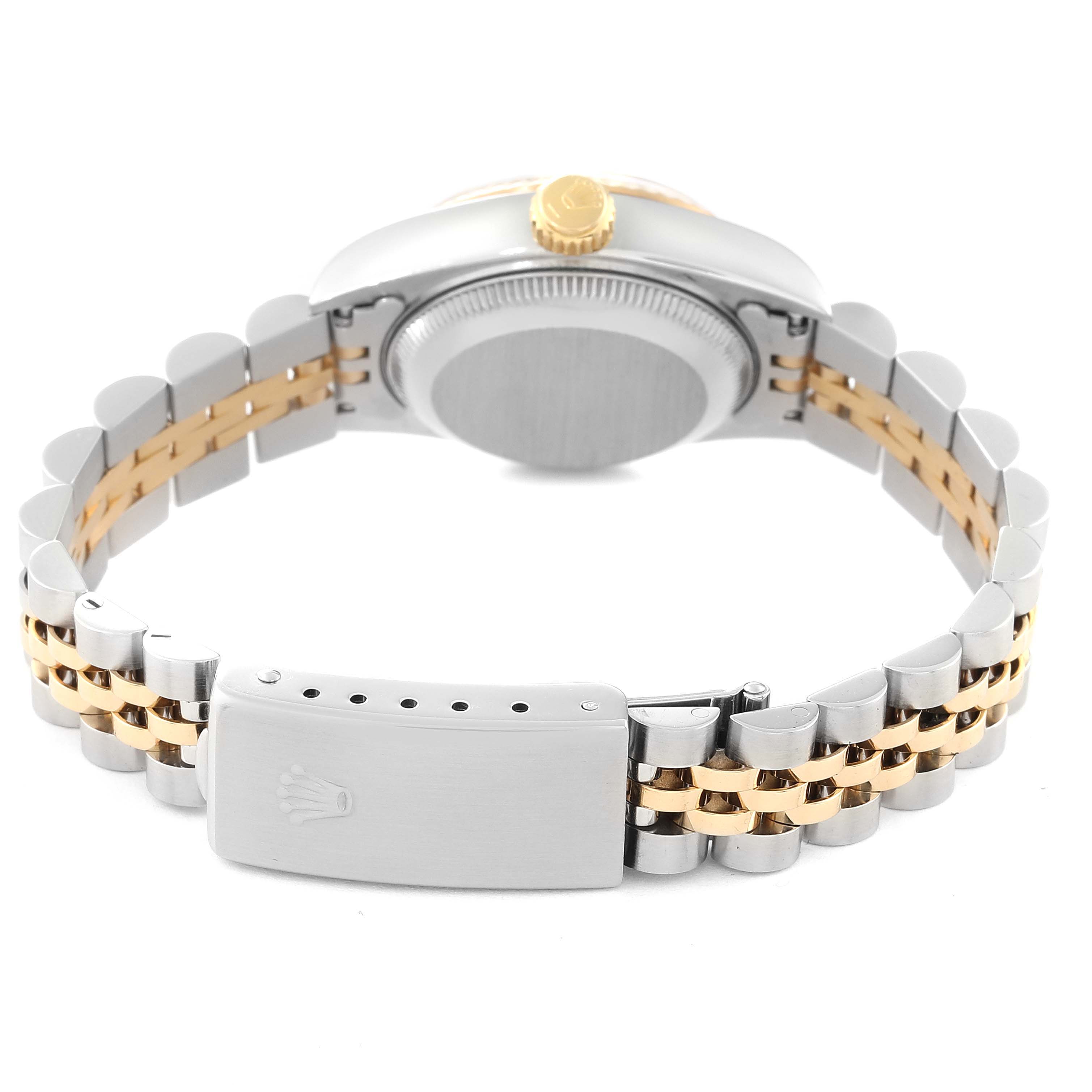 The image shows the back view of a Rolex Datejust 69173 Women's Steel and Gold (two tone) Champagne Dial 69173 Women's Steel and Gold (two tone) Champagne Dial watch, highlighting the case back, crown, and two-tone bracelet with clasp.
