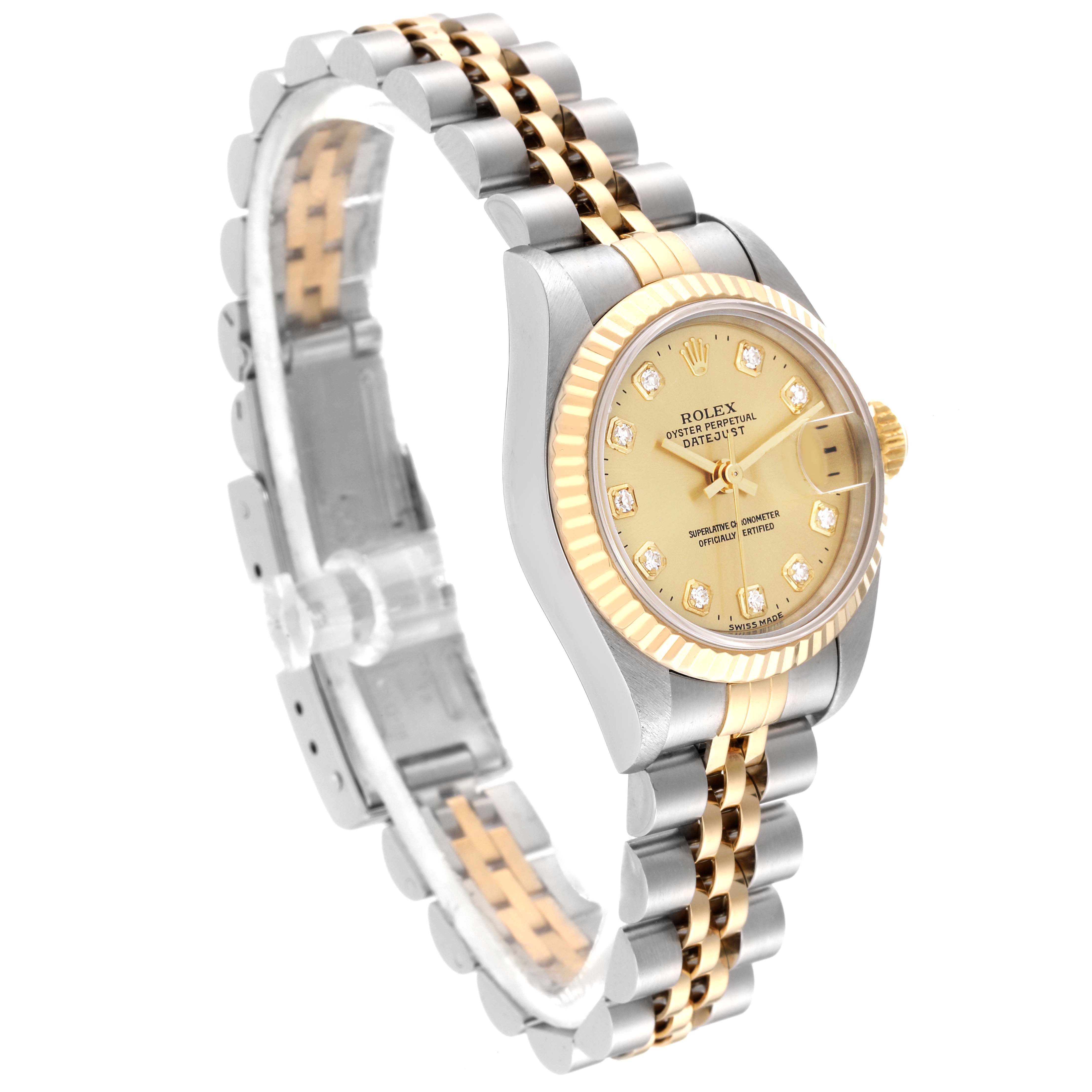 This image shows a Rolex Datejust 69173 Women's Steel and Gold (two tone) Champagne Dial 69173 Women's Steel and Gold (two tone) Champagne Dial watch from a three-quarter angle, highlighting its dial, bezel, and bracelet.