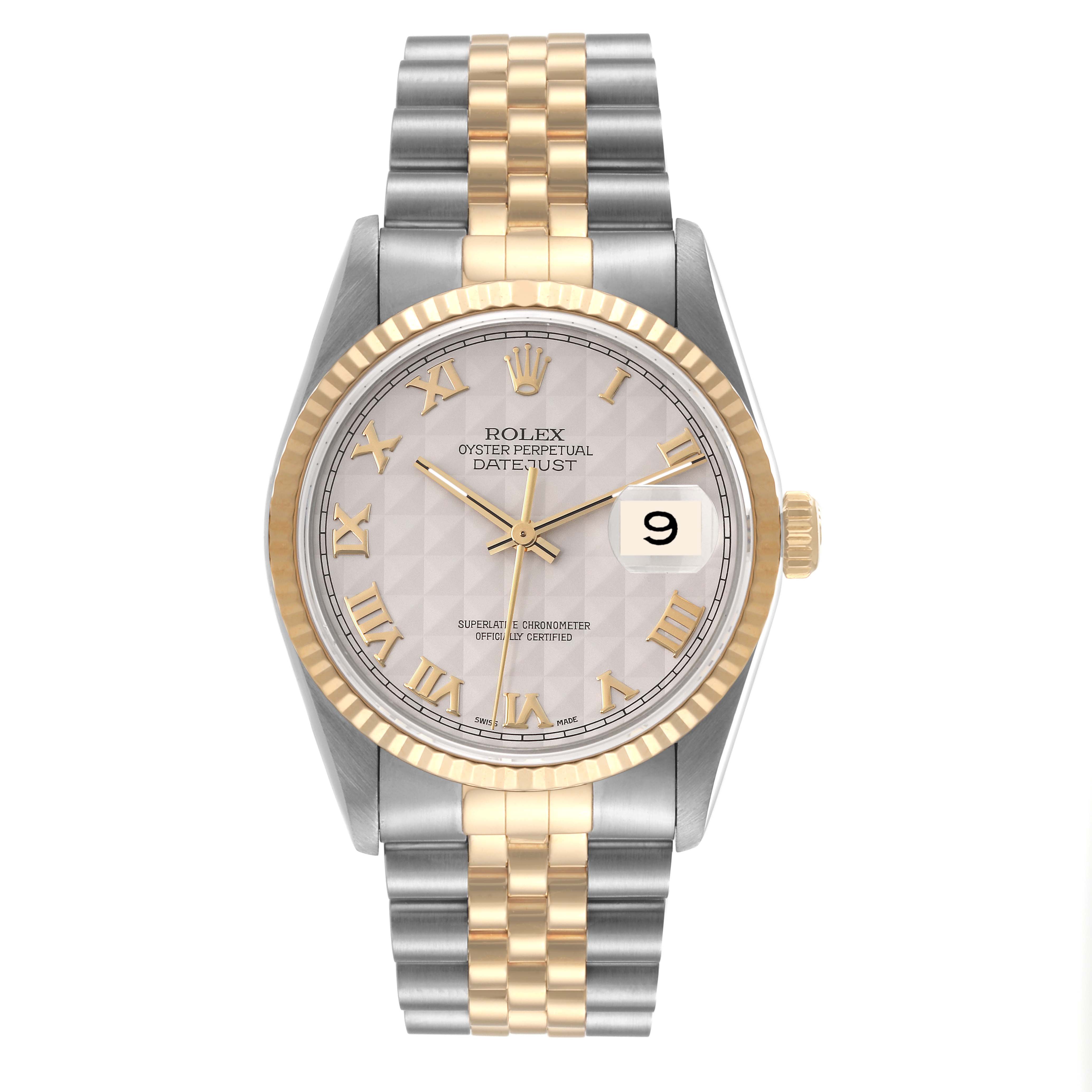 The image shows a front view of a Rolex Datejust 16233 Men's Steel and Gold (two tone) Beige Dial 16233 Men's Steel and Gold (two tone) Beige Dial watch featuring a two-tone metal bracelet, fluted bezel, and Roman numeral markers.