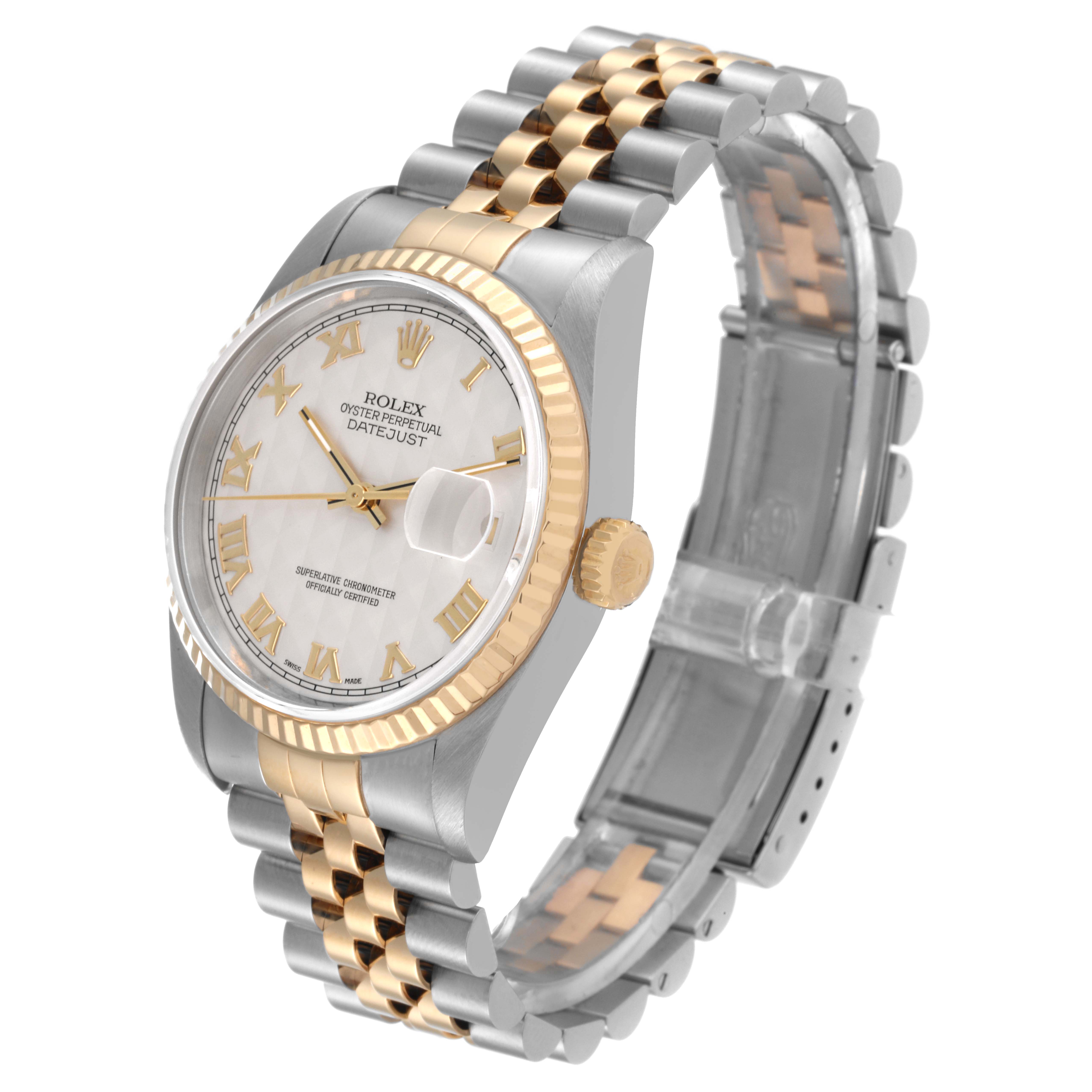 The Rolex Datejust 16233 Men's Steel and Gold (two tone) Beige Dial 16233 Men's Steel and Gold (two tone) Beige Dial watch is shown at an angle highlighting the face, bezel, crown, and two-tone bracelet.