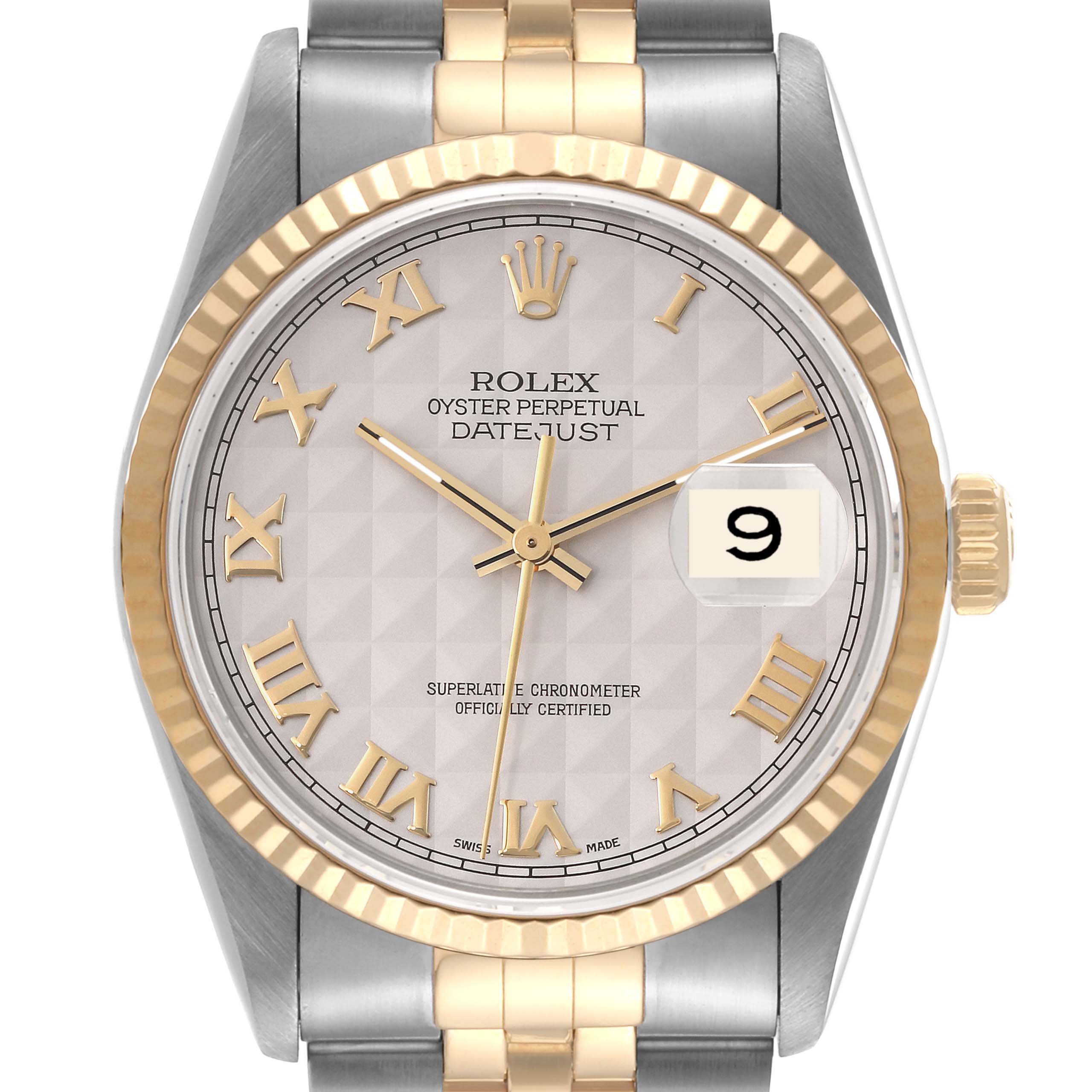 The image shows a front angle of the Rolex Datejust 16233 Men's Steel and Gold (two tone) Beige Dial 16233 Men's Steel and Gold (two tone) Beige Dial watch, highlighting the dial, bezel, bracelet, and crown.