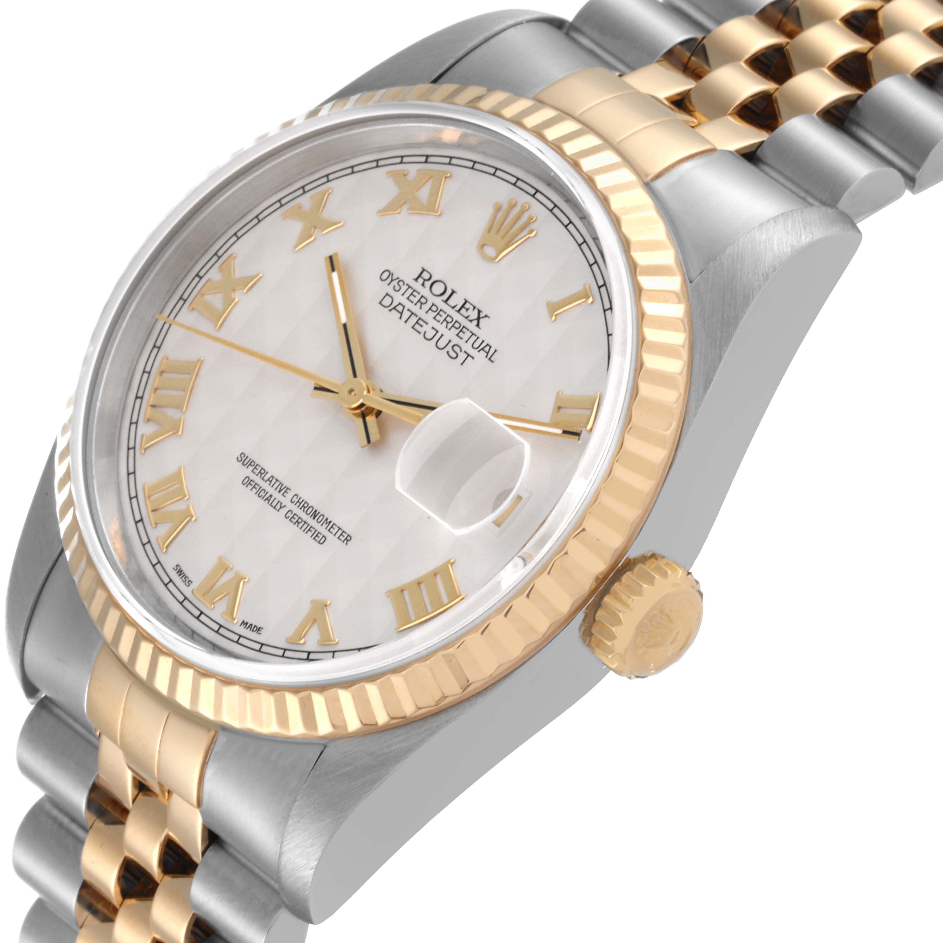 The image shows a Rolex Datejust 16233 Men's Steel and Gold (two tone) Beige Dial 16233 Men's Steel and Gold (two tone) Beige Dial watch at a side angle, highlighting the face, bezel, crown, and part of the bracelet.