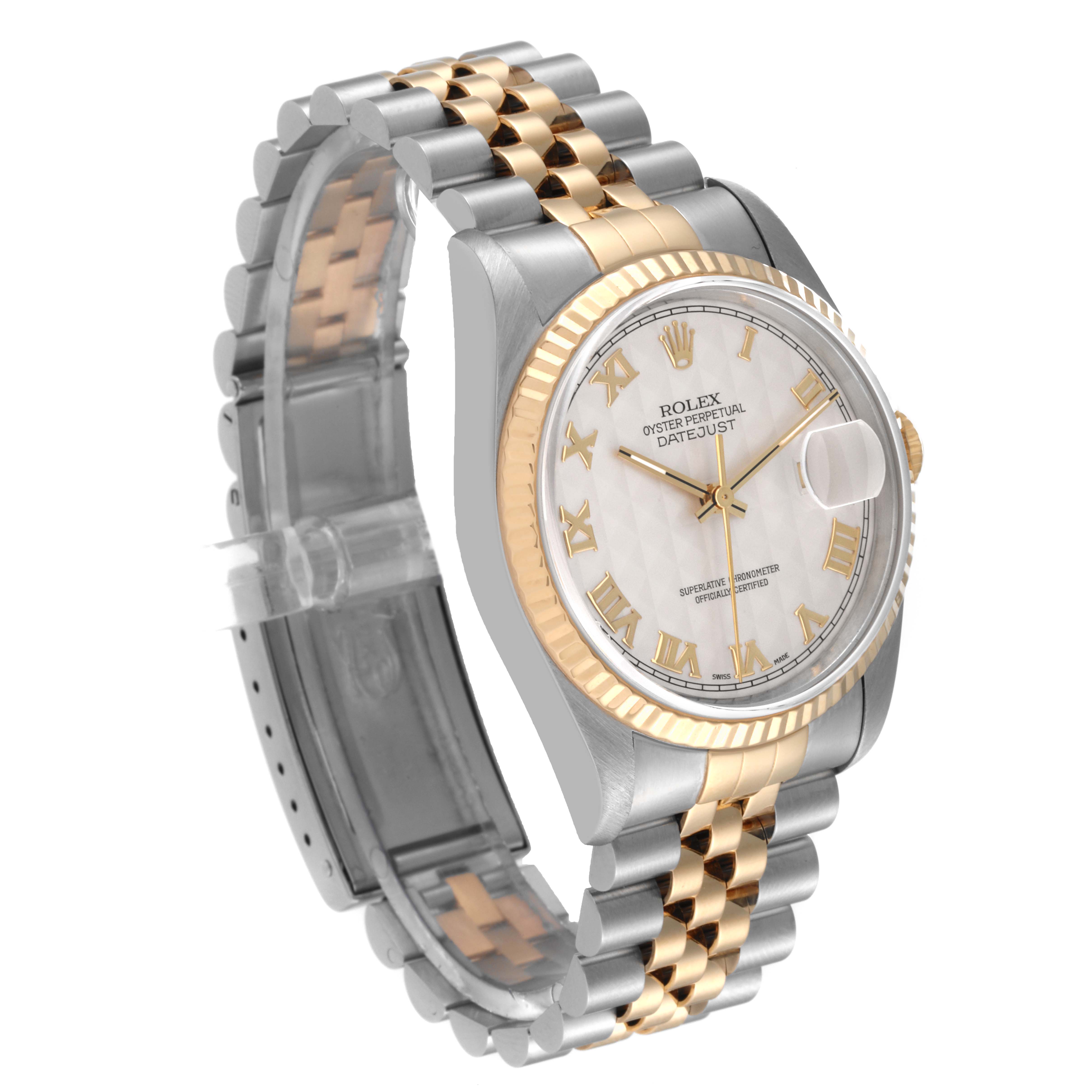 This image shows the Rolex Datejust 16233 Men's Steel and Gold (two tone) Beige Dial 16233 Men's Steel and Gold (two tone) Beige Dial watch at a three-quarter angle, highlighting the bracelet, dial, and fluted bezel.