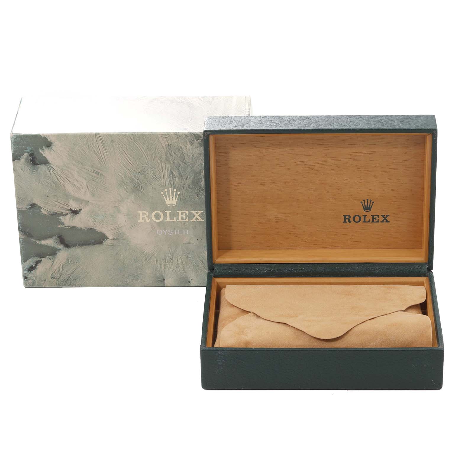 The image shows an empty Rolex Datejust 16233 Men's Steel and Gold (two tone) Beige Dial 16233 Men's Steel and Gold (two tone) Beige Dial watch box and a cushion inside, with the outer packaging to the left.