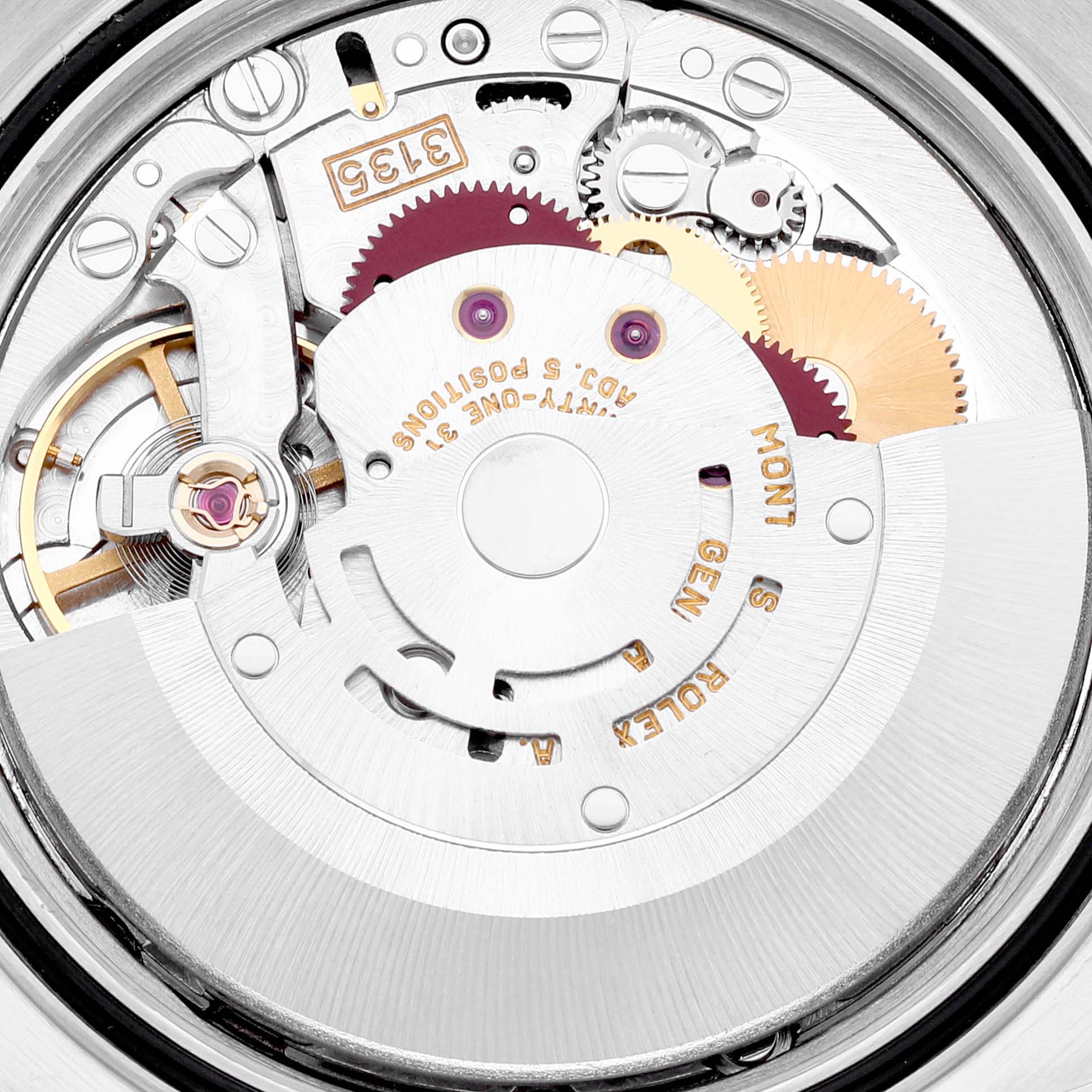This image shows the intricate internal mechanical parts of a Rolex Datejust 16233 Men's Steel and Gold (two tone) Beige Dial 16233 Men's Steel and Gold (two tone) Beige Dial watch, taken from a top-down angle.
