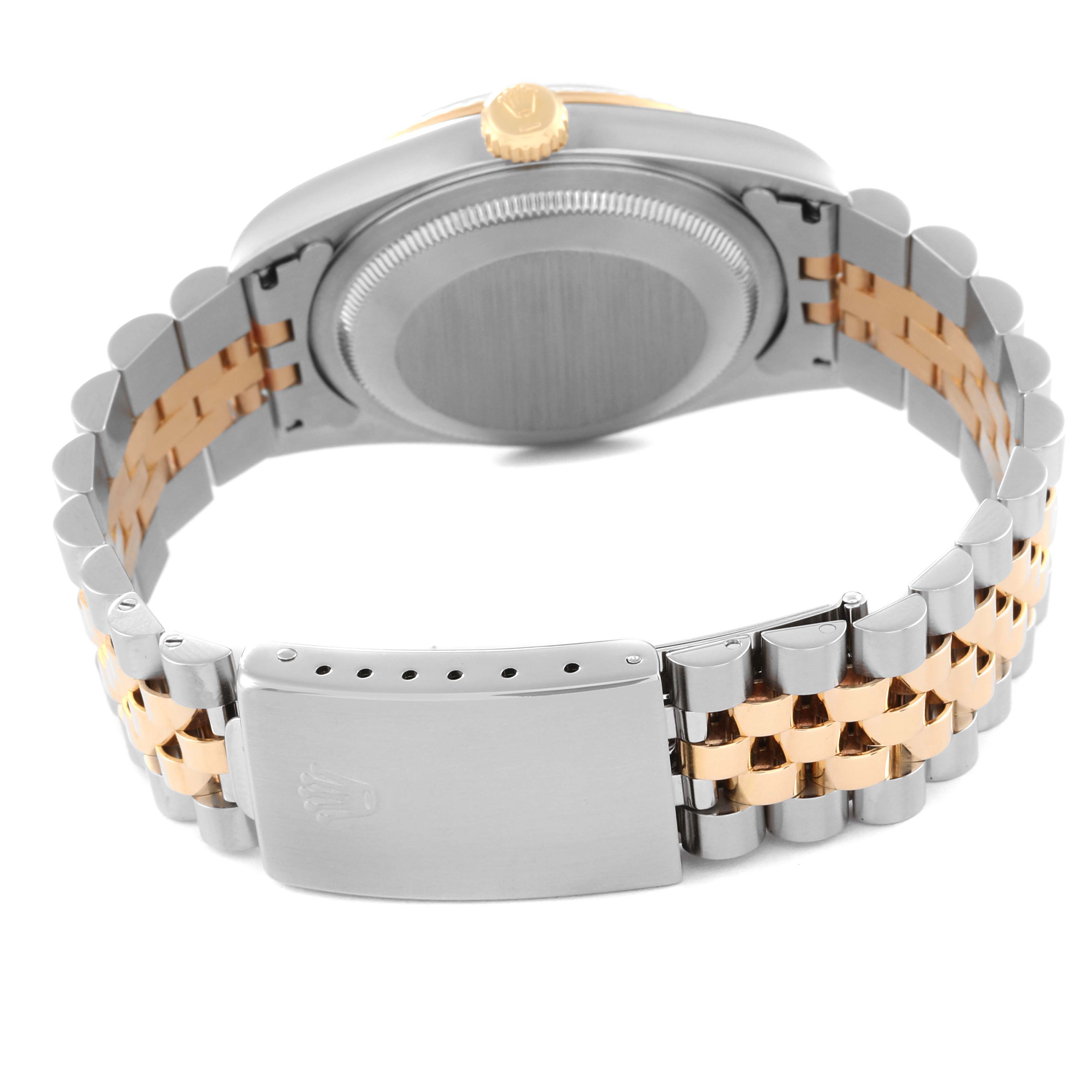 This image shows the back case and metal bracelet with a two-tone design of the Rolex Datejust 16233 Men's Steel and Gold (two tone) Beige Dial 16233 Men's Steel and Gold (two tone) Beige Dial model.