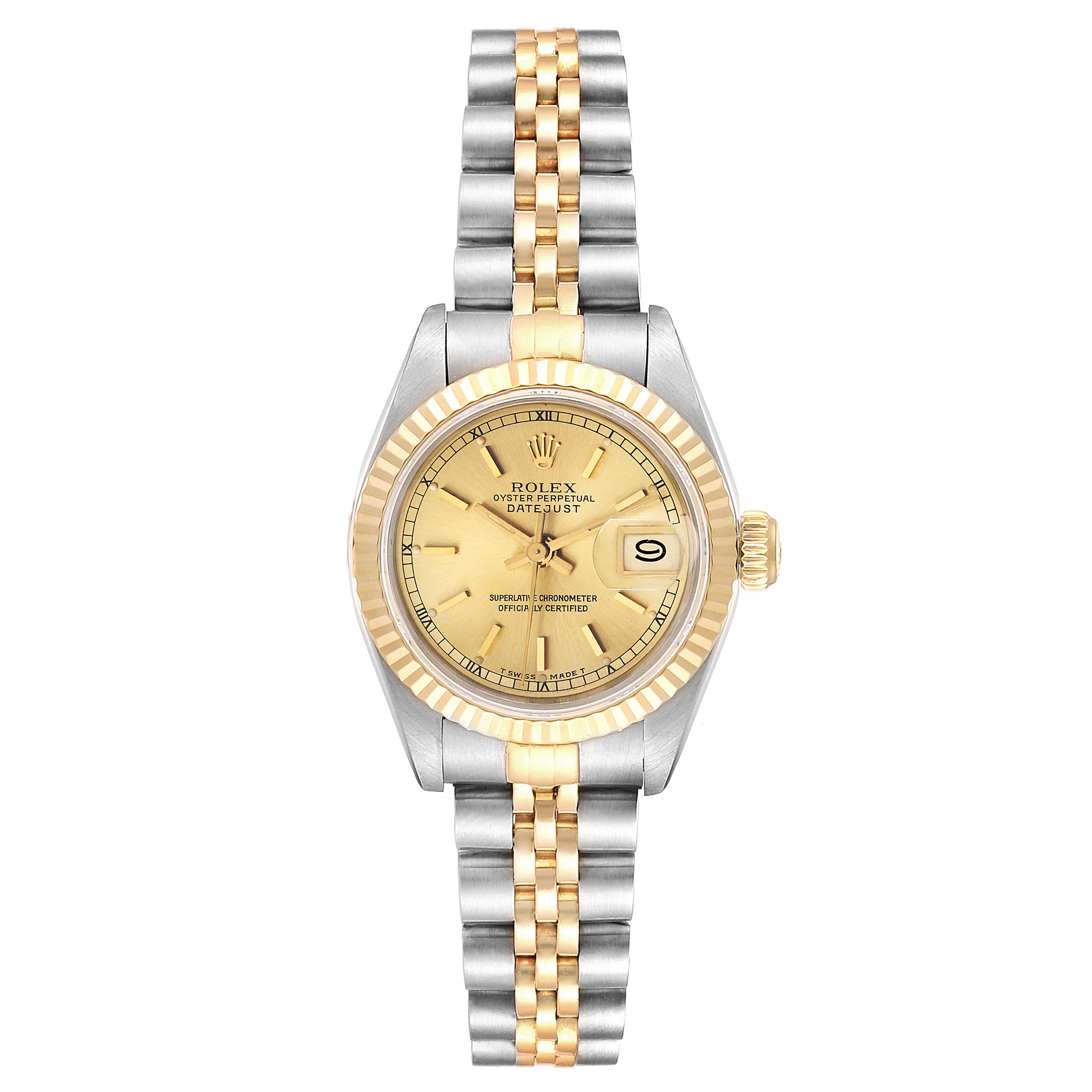 The image shows a front view of a Rolex Datejust 69173 Women
s Steel and Gold (two tone) Champagne Dial 69173 Women
s Steel and Gold (two tone) Champagne Dial watch, featuring a two-tone bracelet, fluted bezel, and date display.