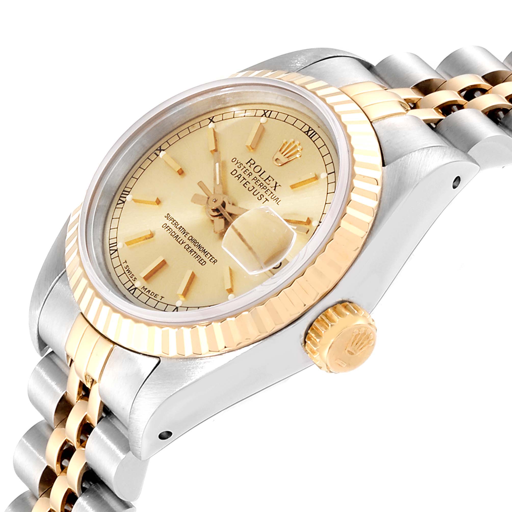 The image displays a Rolex Datejust 69173 Women
s Steel and Gold (two tone) Champagne Dial 69173 Women
s Steel and Gold (two tone) Champagne Dial watch at an angle showing the face, crown, and part of the bracelet.