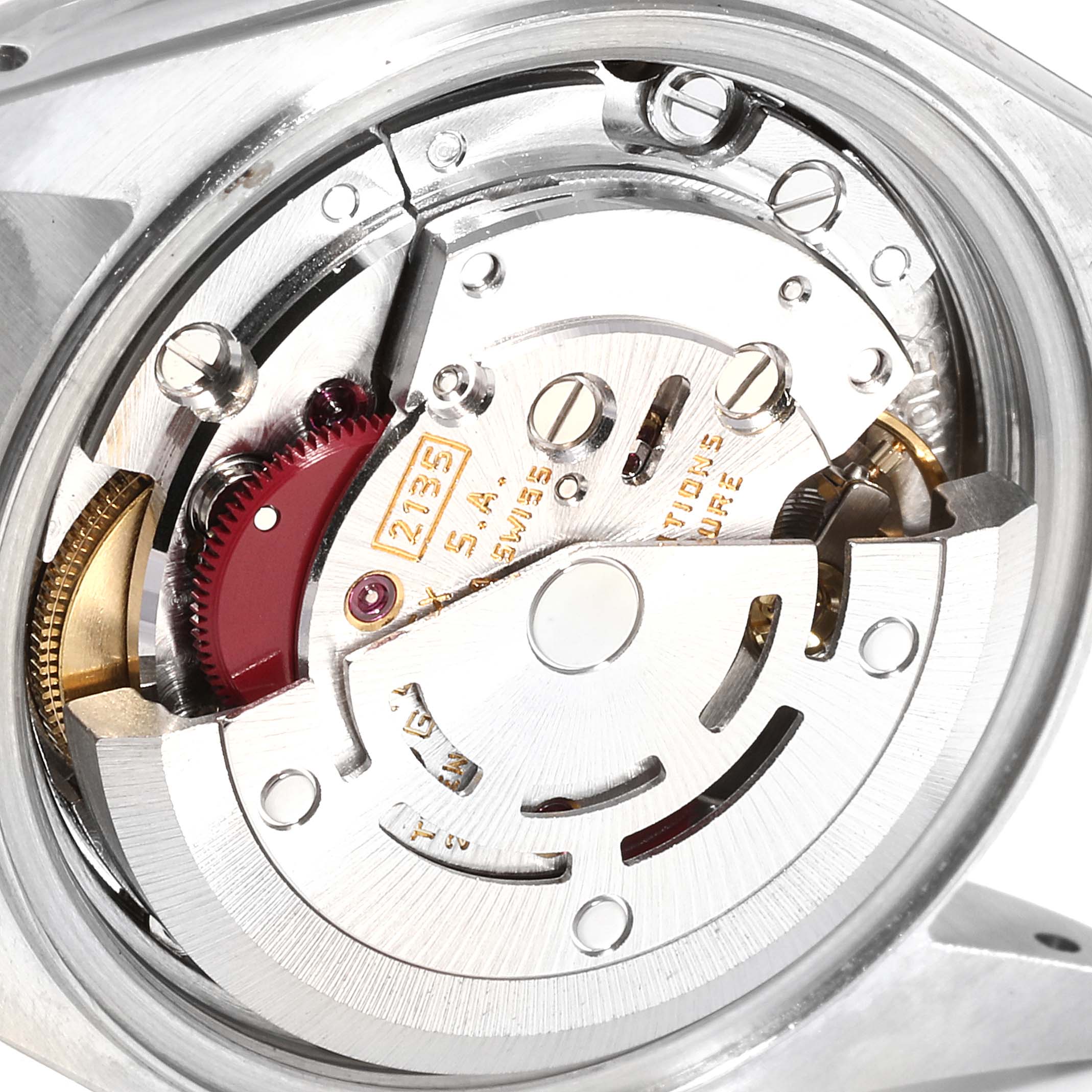 This image shows the intricate inner mechanism of a Rolex Datejust 69173 Women
s Steel and Gold (two tone) Champagne Dial 69173 Women
s Steel and Gold (two tone) Champagne Dial watch, including the rotor and movement.