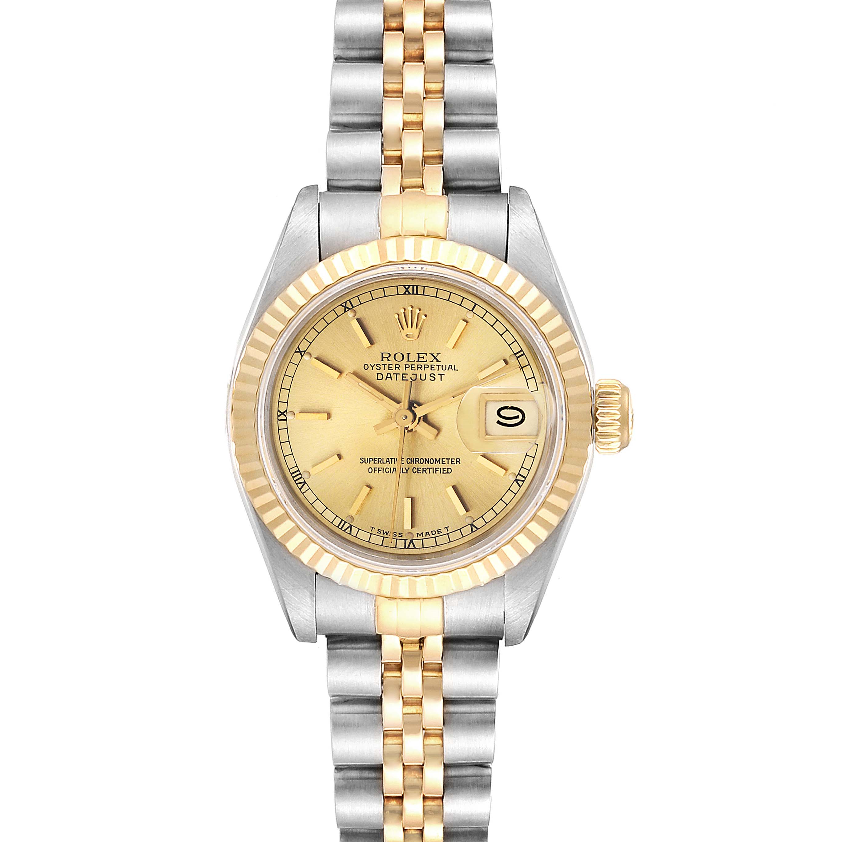 The image shows a Rolex Datejust 69173 Women
s Steel and Gold (two tone) Champagne Dial 69173 Women
s Steel and Gold (two tone) Champagne Dial watch from a front angle, displaying the face, bezel, crown, and part of the bracelet.