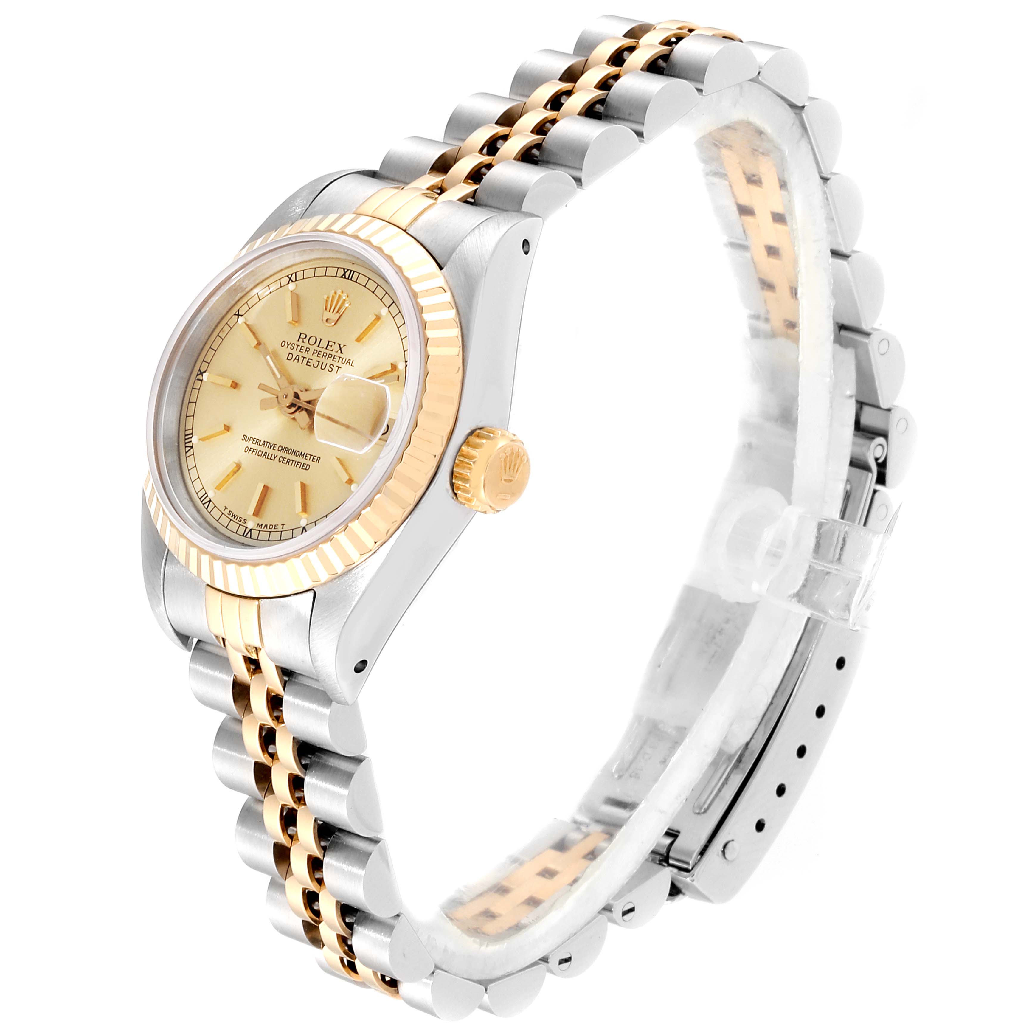The image shows a side angle of a Rolex Datejust 69173 Women
s Steel and Gold (two tone) Champagne Dial 69173 Women
s Steel and Gold (two tone) Champagne Dial watch, highlighting the gold and silver two-tone bracelet, bezel, and crown.