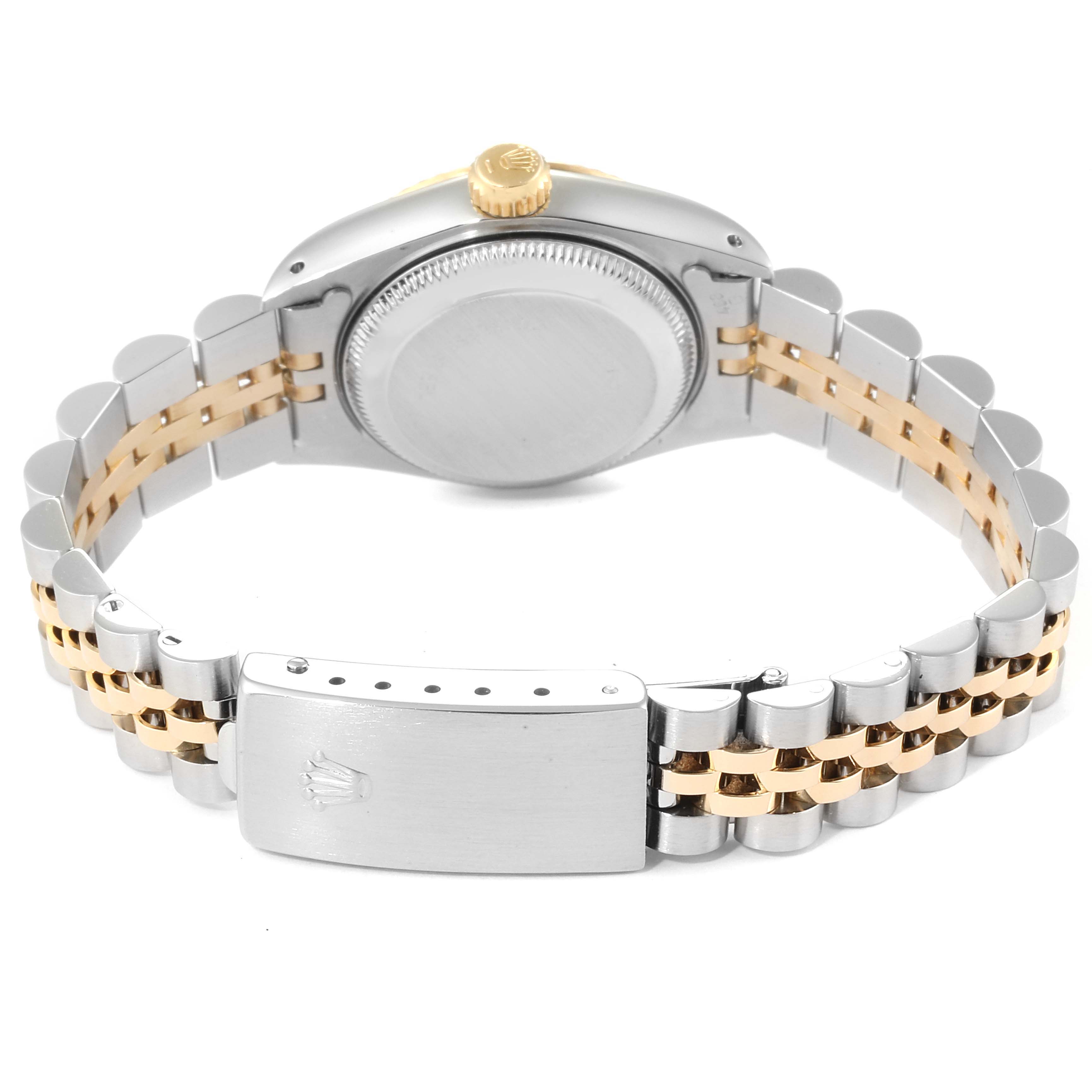 The image shows a rear view of a Rolex Datejust 69173 Women
s Steel and Gold (two tone) Champagne Dial 69173 Women
s Steel and Gold (two tone) Champagne Dial watch, highlighting the case back, bezel, and two-tone Jubilee bracelet with a clasp.
