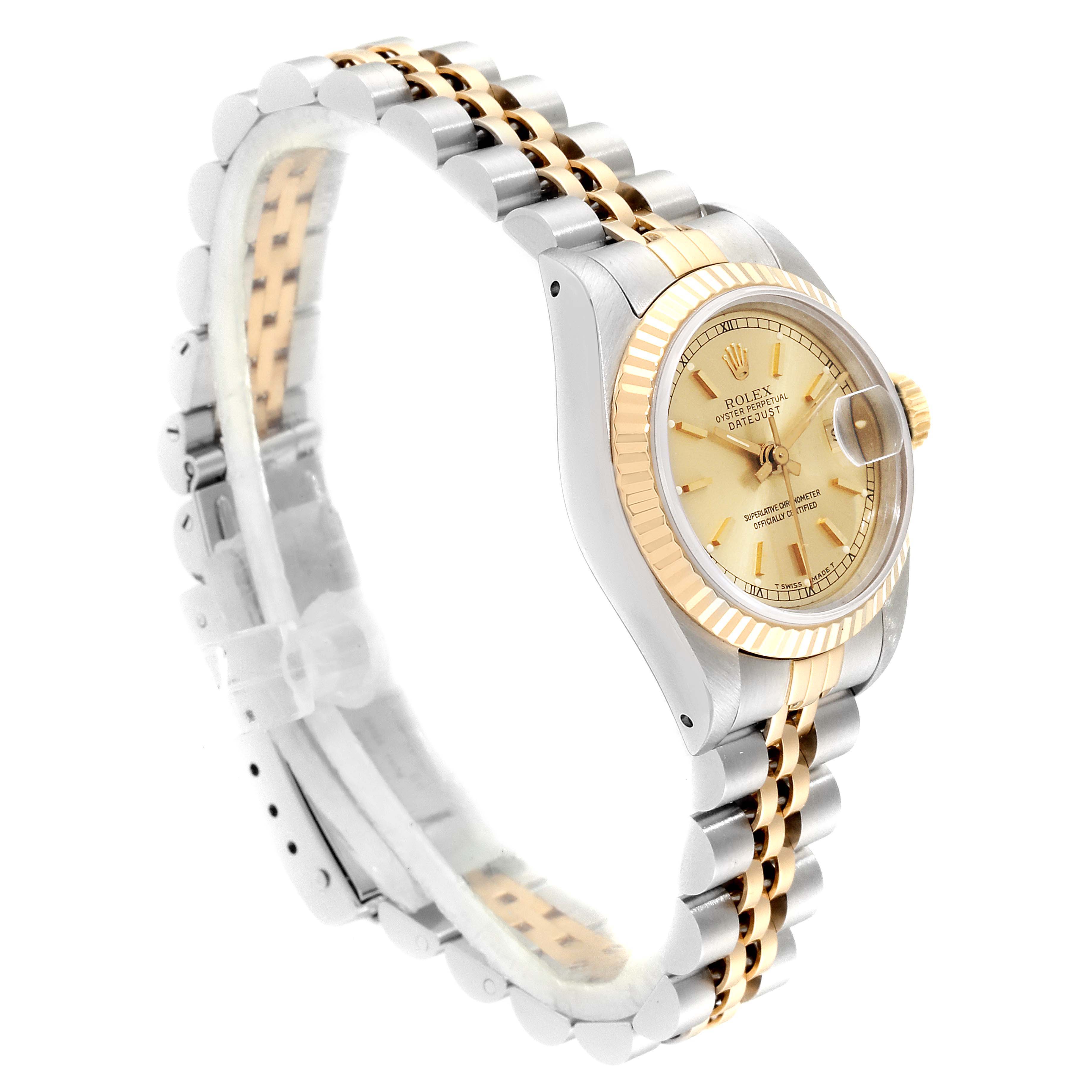 This image shows a side angle of the Rolex Datejust 69173 Women
s Steel and Gold (two tone) Champagne Dial 69173 Women
s Steel and Gold (two tone) Champagne Dial watch, highlighting the dial, bezel, and part of the two-tone bracelet.