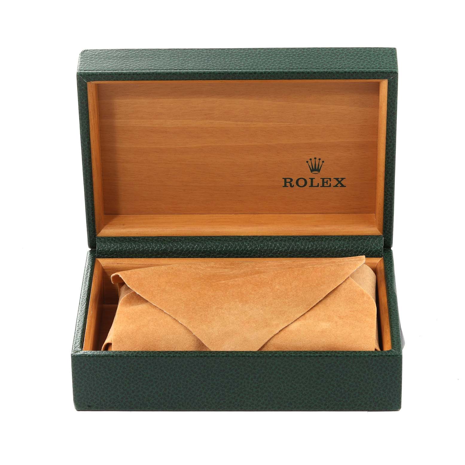 The image shows an open Rolex Datejust 16233 Men's Steel and Gold (two tone) Silver Dial 16233 Men's Steel and Gold (two tone) Silver Dial watch box with a suede pouch inside.