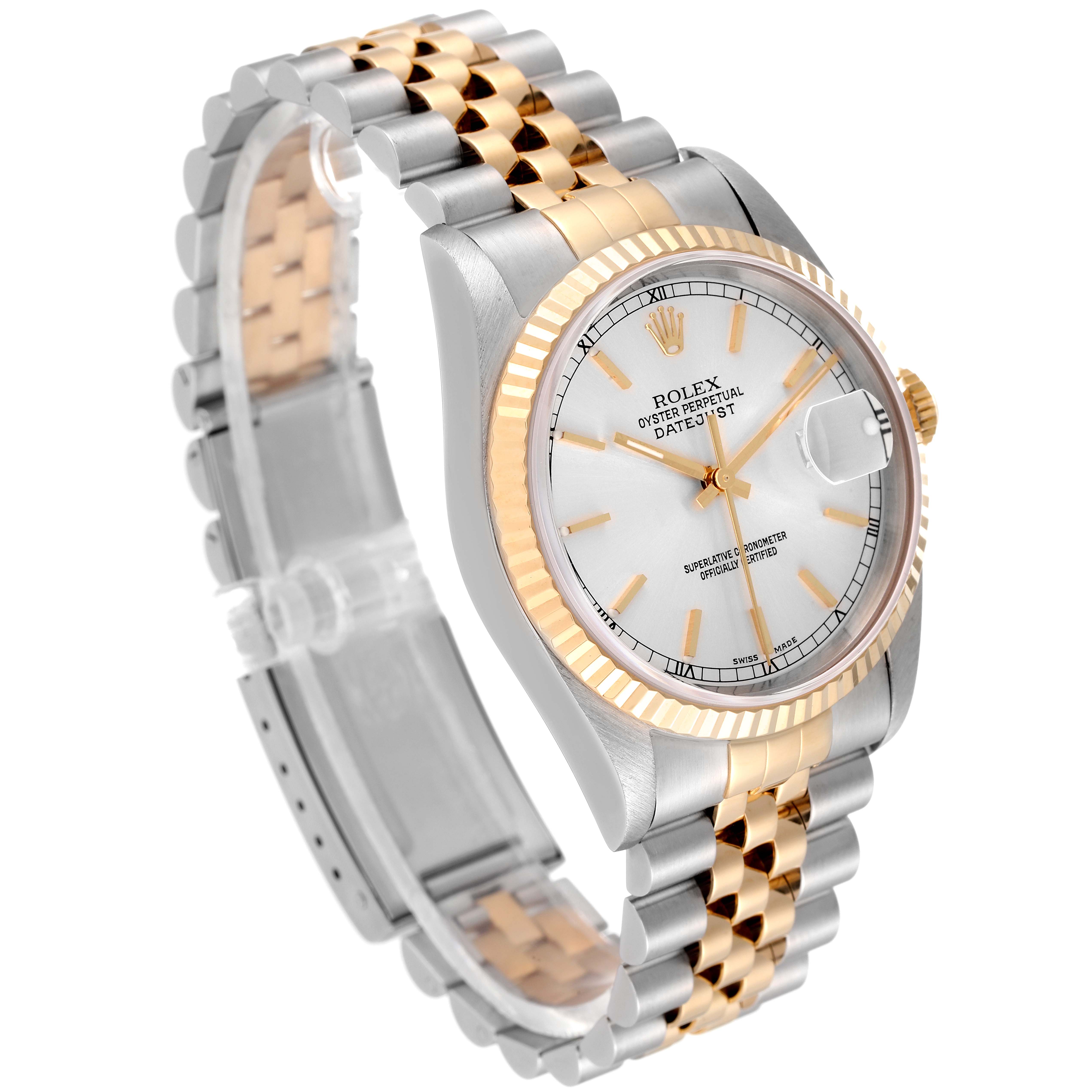 The image shows a Rolex Datejust 16233 Men's Steel and Gold (two tone) Silver Dial 16233 Men's Steel and Gold (two tone) Silver Dial watch at a three-quarter angle, displaying the dial, fluted bezel, and two-tone bracelet.