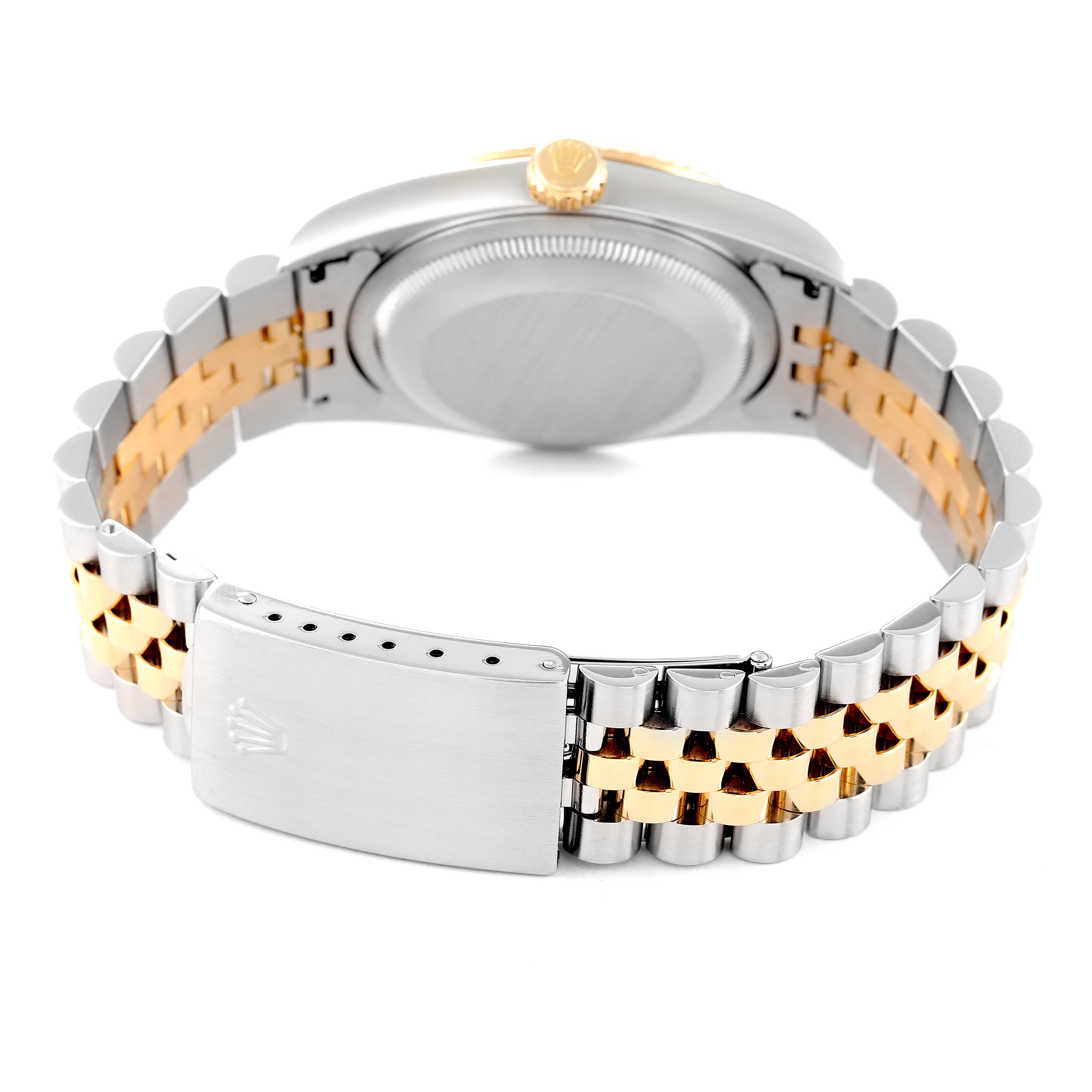 This image shows the back view of the Rolex Datejust 16233 Men's Steel and Gold (two tone) Silver Dial 16233 Men's Steel and Gold (two tone) Silver Dial watch, highlighting the case, crown, and two-tone bracelet with clasp.