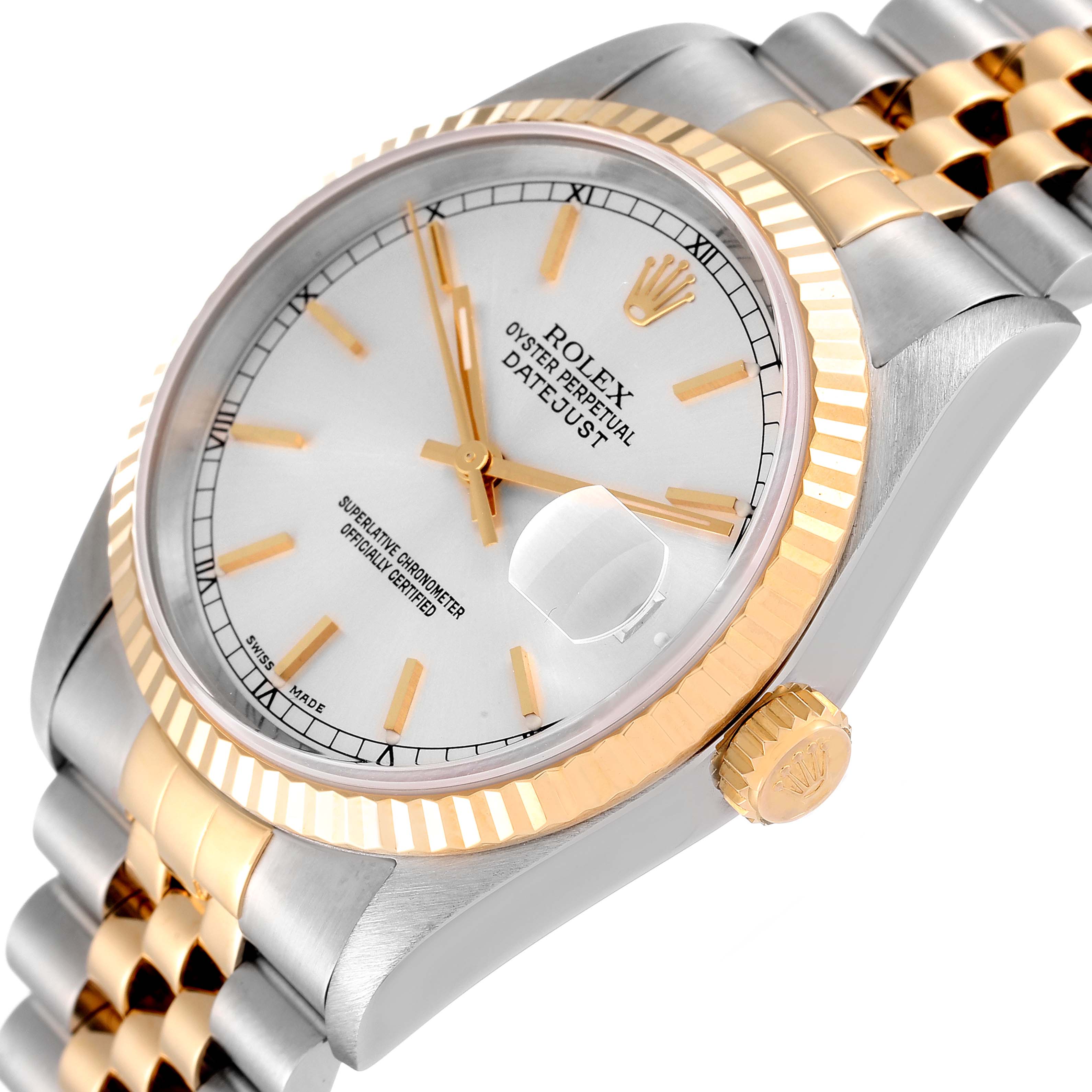 This image shows a close-up of a Rolex Datejust 16233 Men's Steel and Gold (two tone) Silver Dial 16233 Men's Steel and Gold (two tone) Silver Dial watch, highlighting the face, bezel, crown, and part of the bracelet.