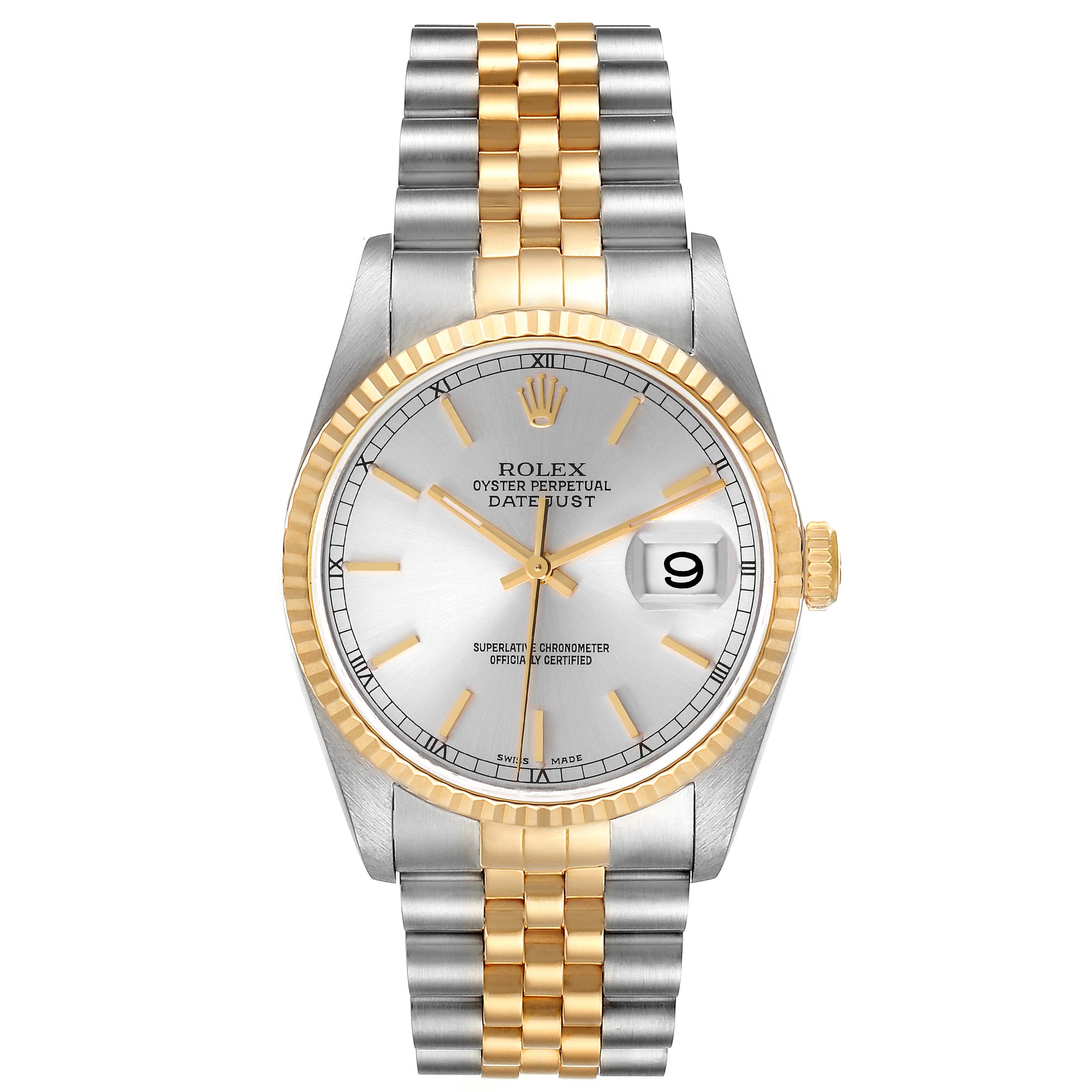 The image shows a front view of a Rolex Datejust 16233 Men's Steel and Gold (two tone) Silver Dial 16233 Men's Steel and Gold (two tone) Silver Dial watch, displaying the face, bracelet, and date window.