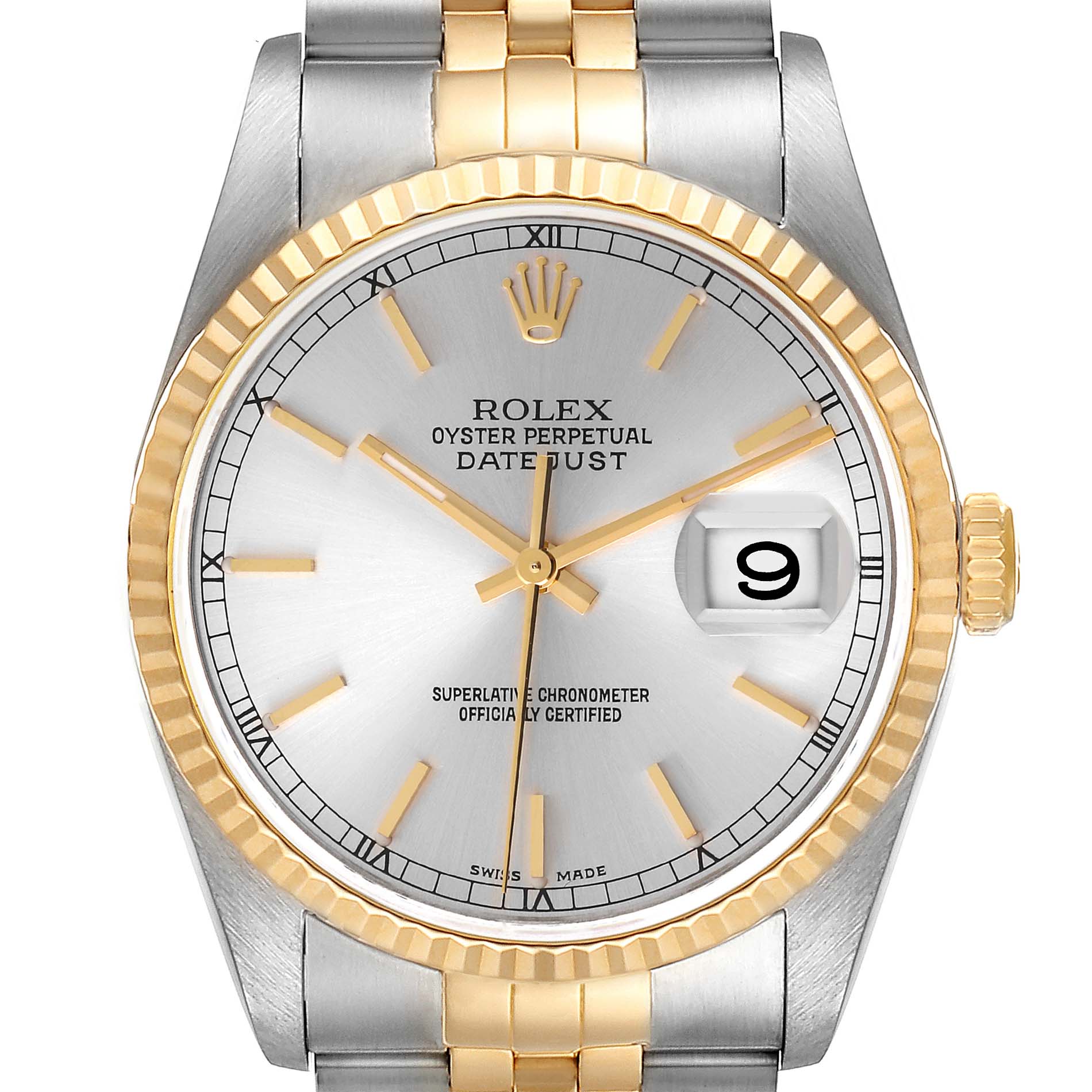 This image shows a front-facing view of a Rolex Datejust 16233 Men's Steel and Gold (two tone) Silver Dial 16233 Men's Steel and Gold (two tone) Silver Dial watch, highlighting the dial, bezel, and part of the bracelet.