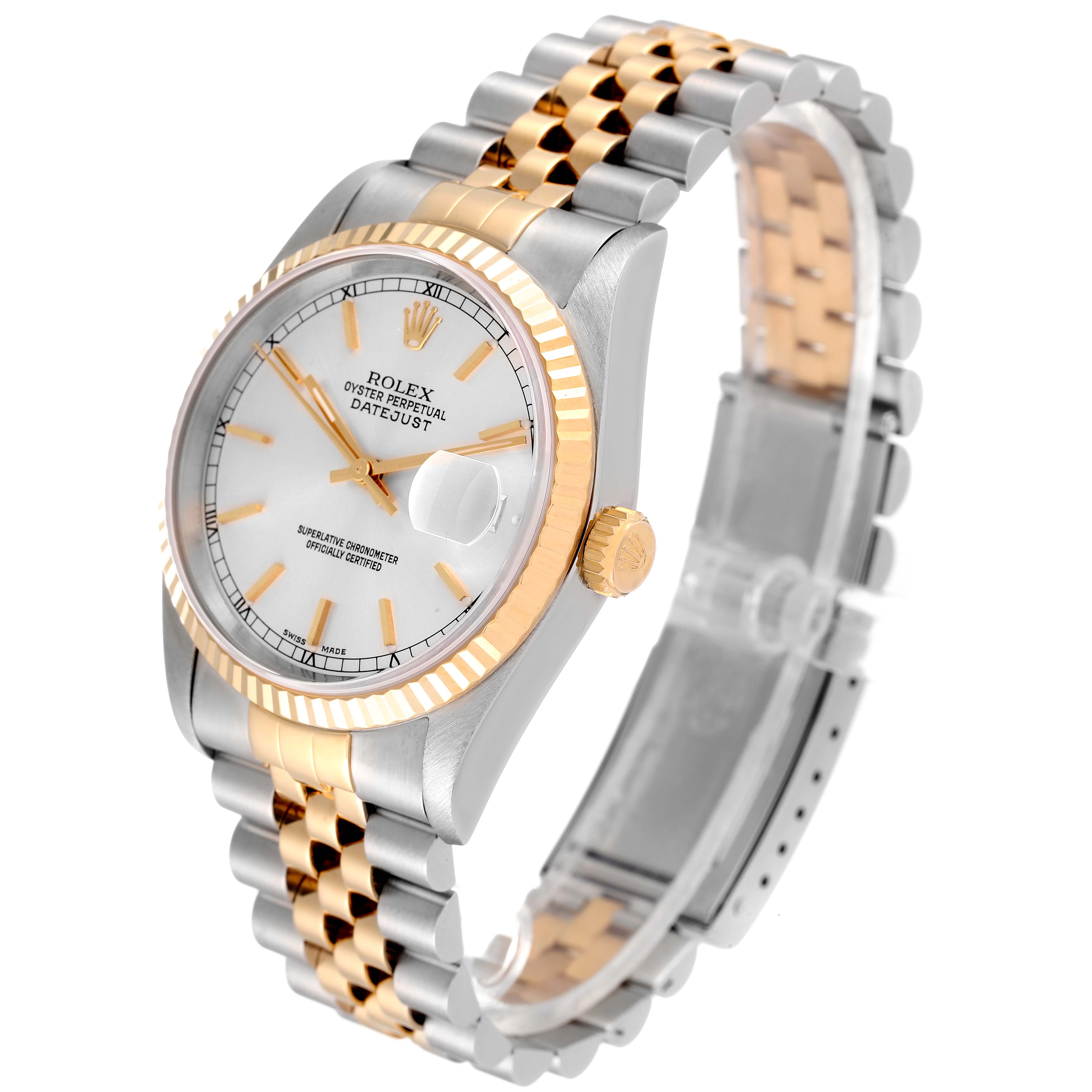 The Rolex Datejust 16233 Men's Steel and Gold (two tone) Silver Dial 16233 Men's Steel and Gold (two tone) Silver Dial watch is shown at an angle highlighting its face, bezel, crown, and two-tone metal bracelet.