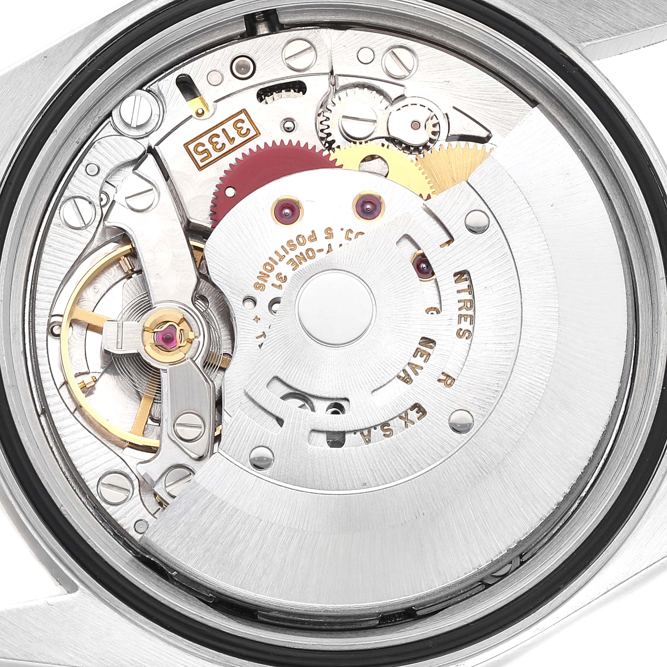 This image shows the internal mechanical movement of a Rolex Datejust 16233 Men's Steel and Gold (two tone) Silver Dial 16233 Men's Steel and Gold (two tone) Silver Dial watch, viewed from the back.