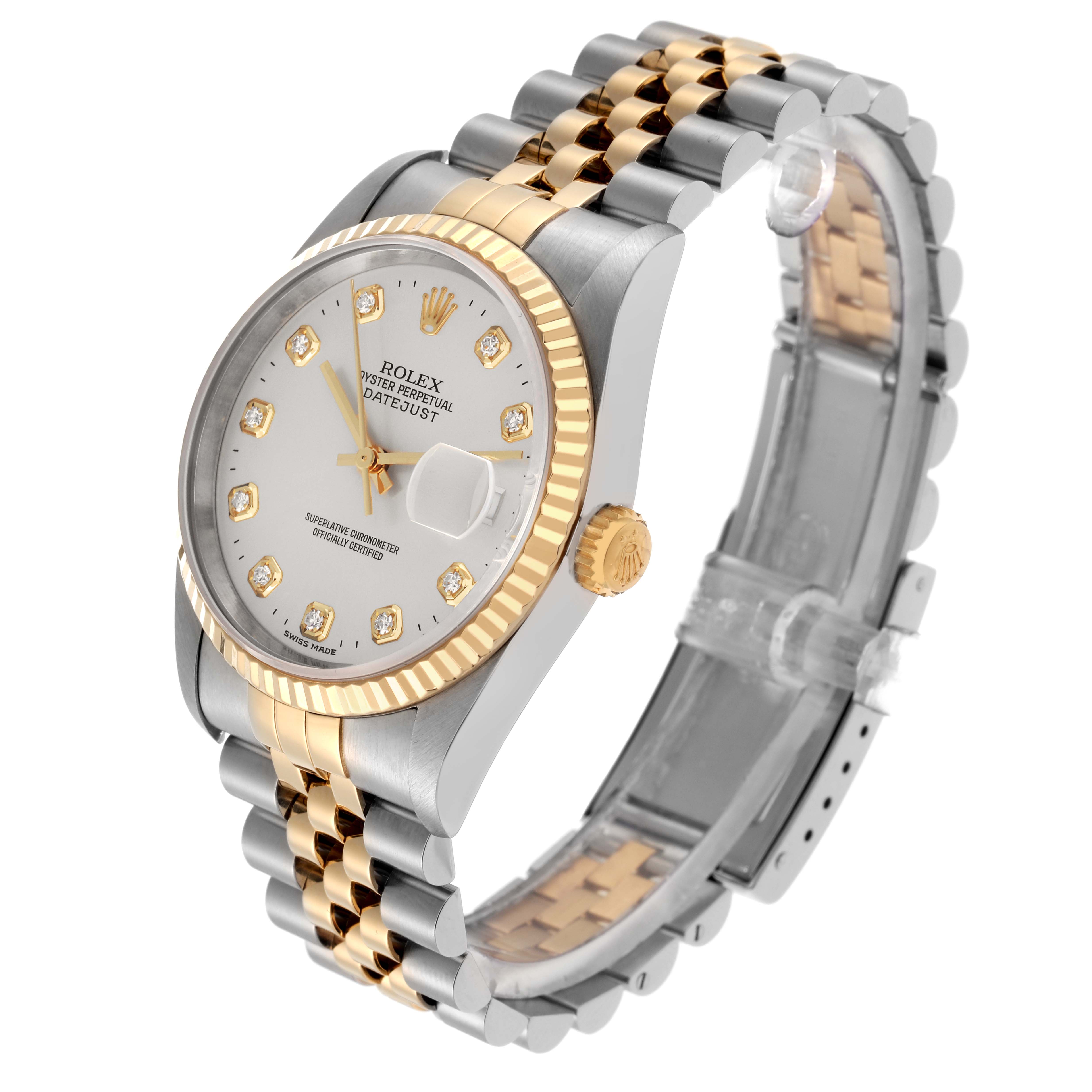 The Rolex Datejust model 16233 is shown at a slight angle, highlighting the gold and silver jubilee bracelet, fluted bezel, and dial with diamond hour markers.
