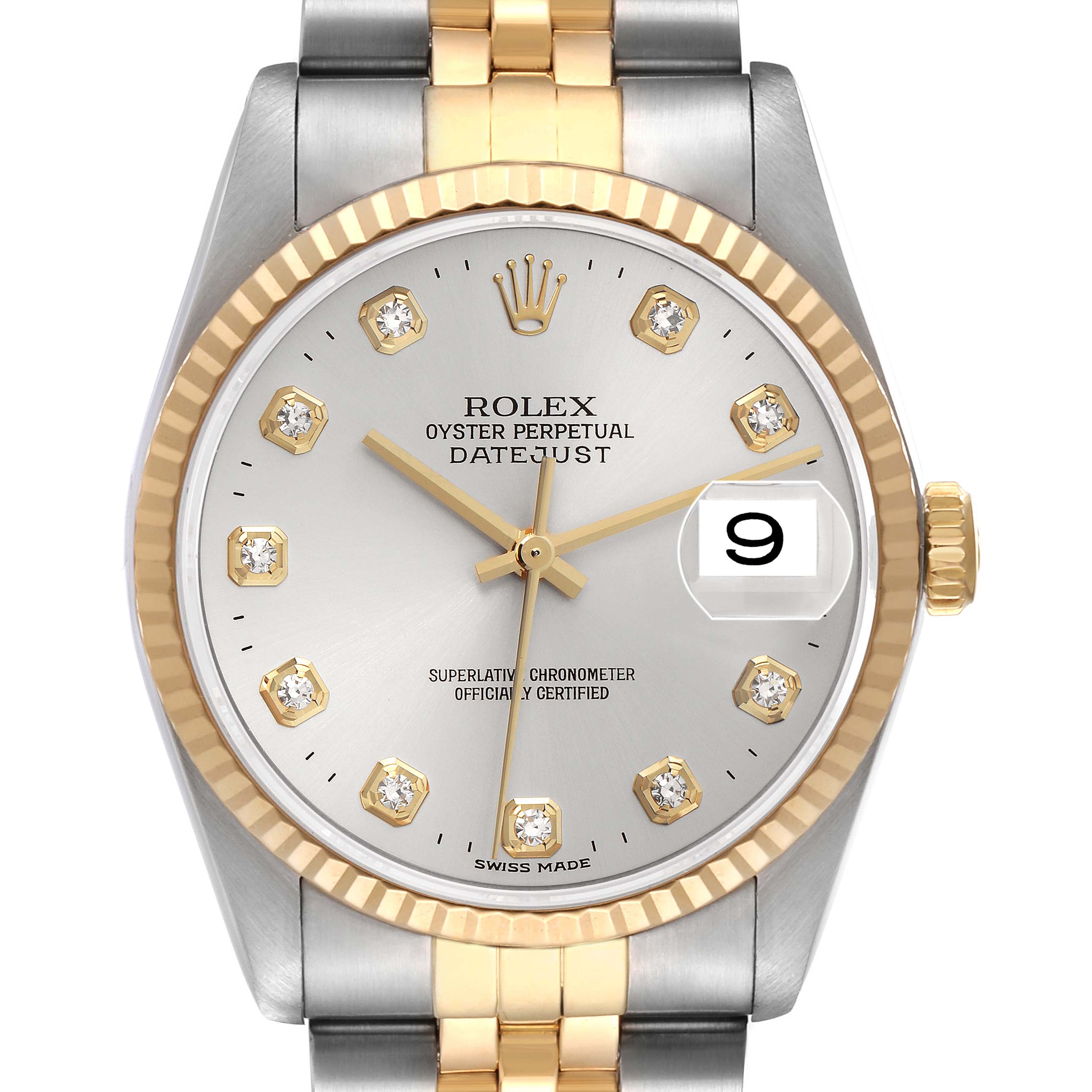 The image shows a Rolex Datejust model 16233 from a front angle, highlighting its dial, fluted bezel, crown, and two-tone bracelet.