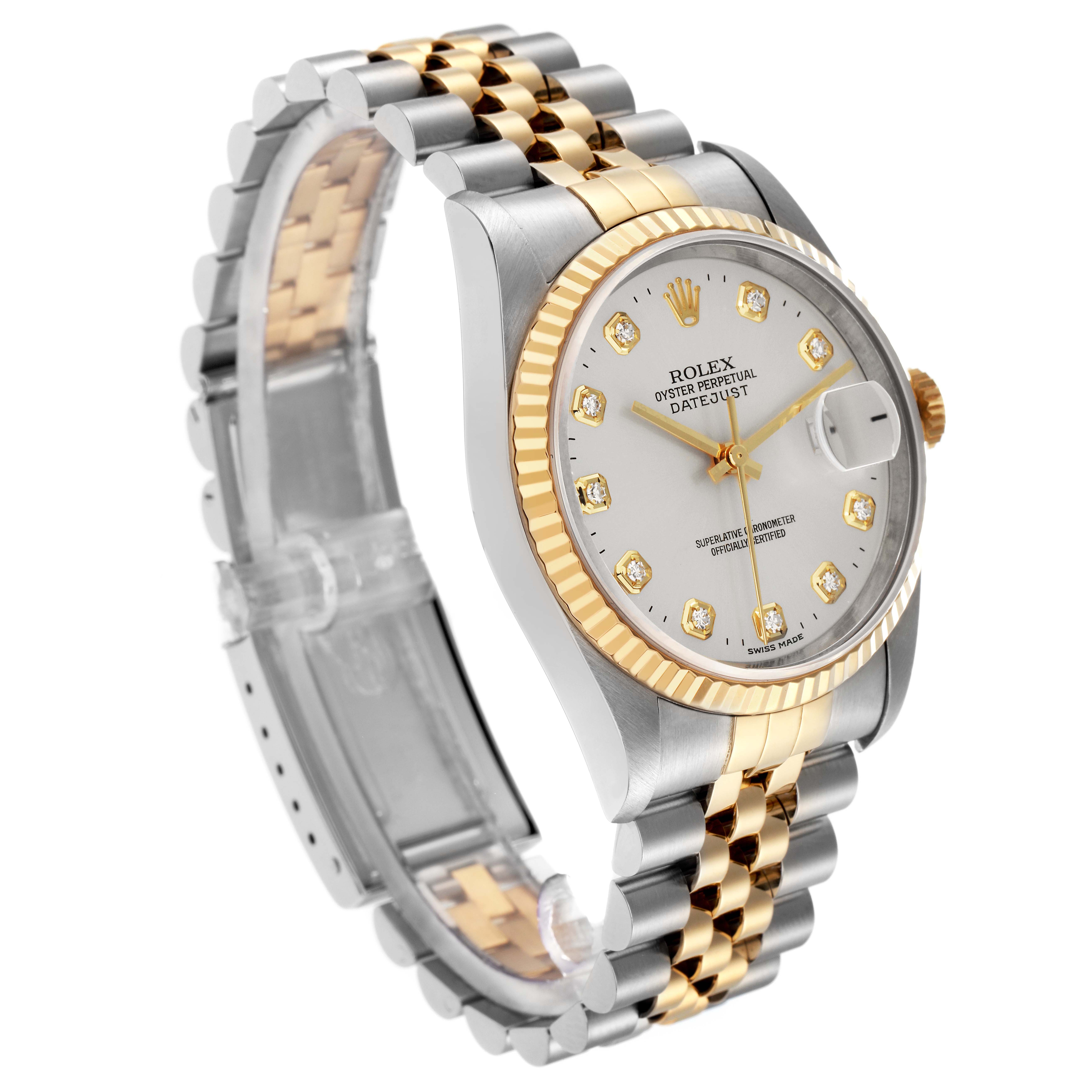 The Rolex Datejust 16233 men
s watch is shown at an oblique angle, displaying its gold and silver two-tone bracelet, fluted bezel, and diamond hour markers.