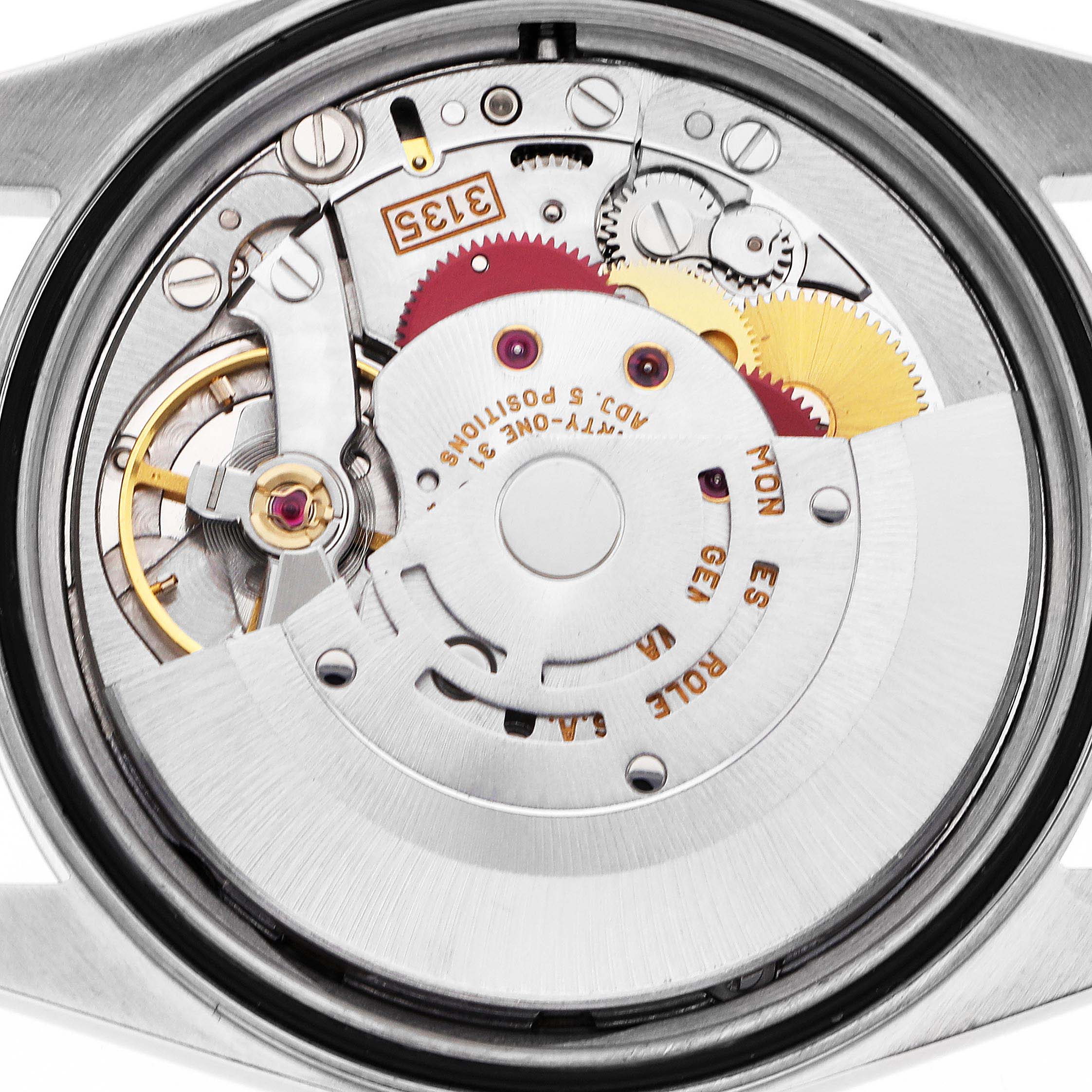 The image shows the internal mechanism of a Rolex Datejust model 16233, highlighting the movement and gears from the back view.