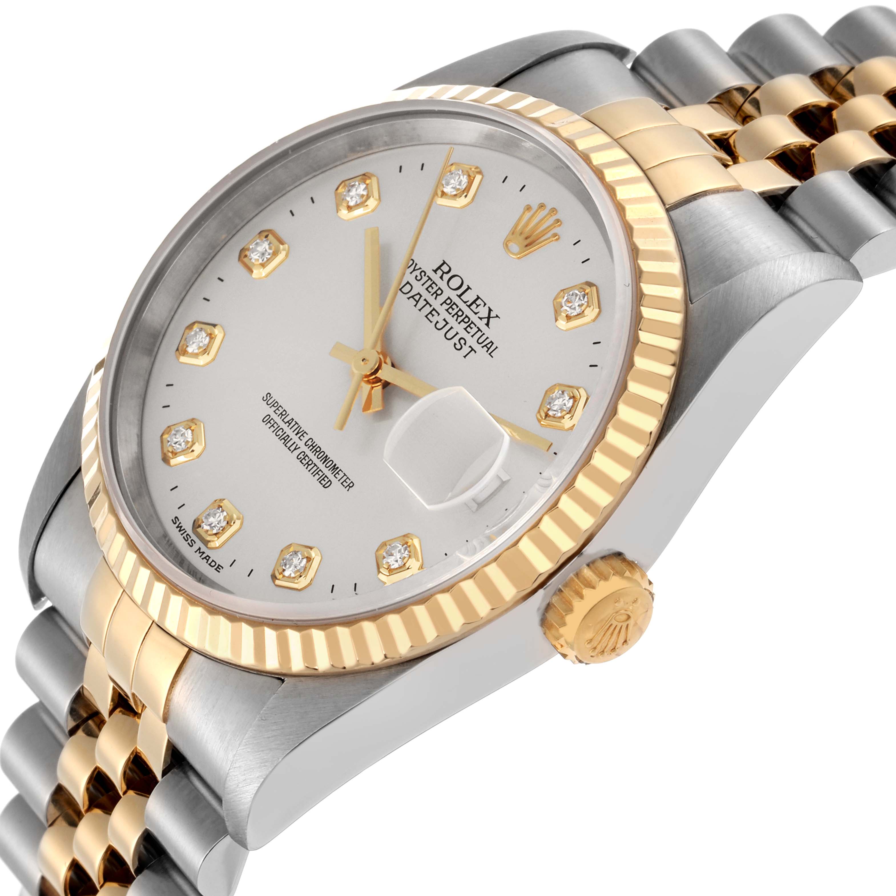 The image shows a side angle of the Rolex Datejust model 16233, highlighting the dial, bezel, crown, and two-tone bracelet.