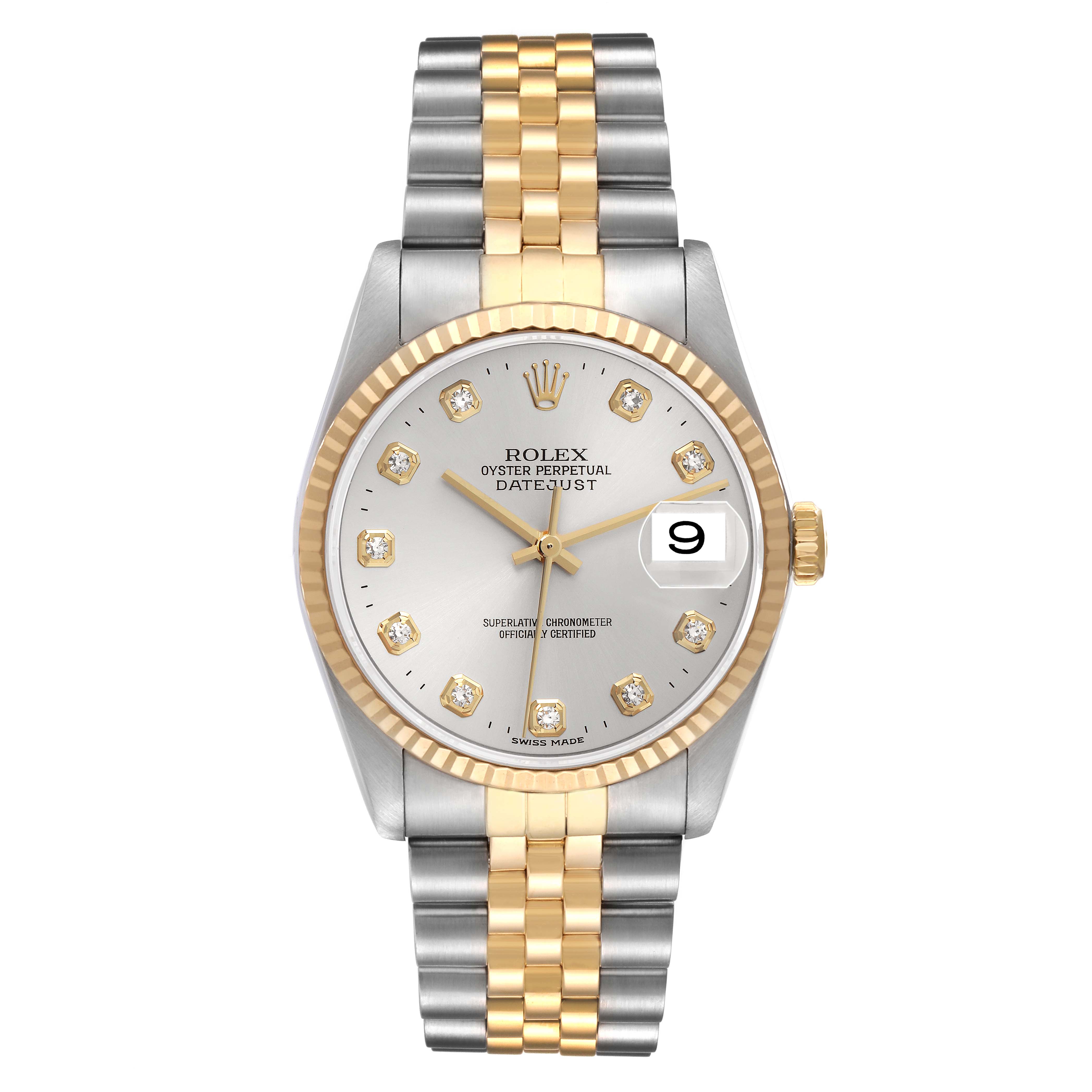 The image shows a Rolex Datejust model 16233 men
s watch, featuring a two-tone bracelet and a fluted bezel, viewed from the front.