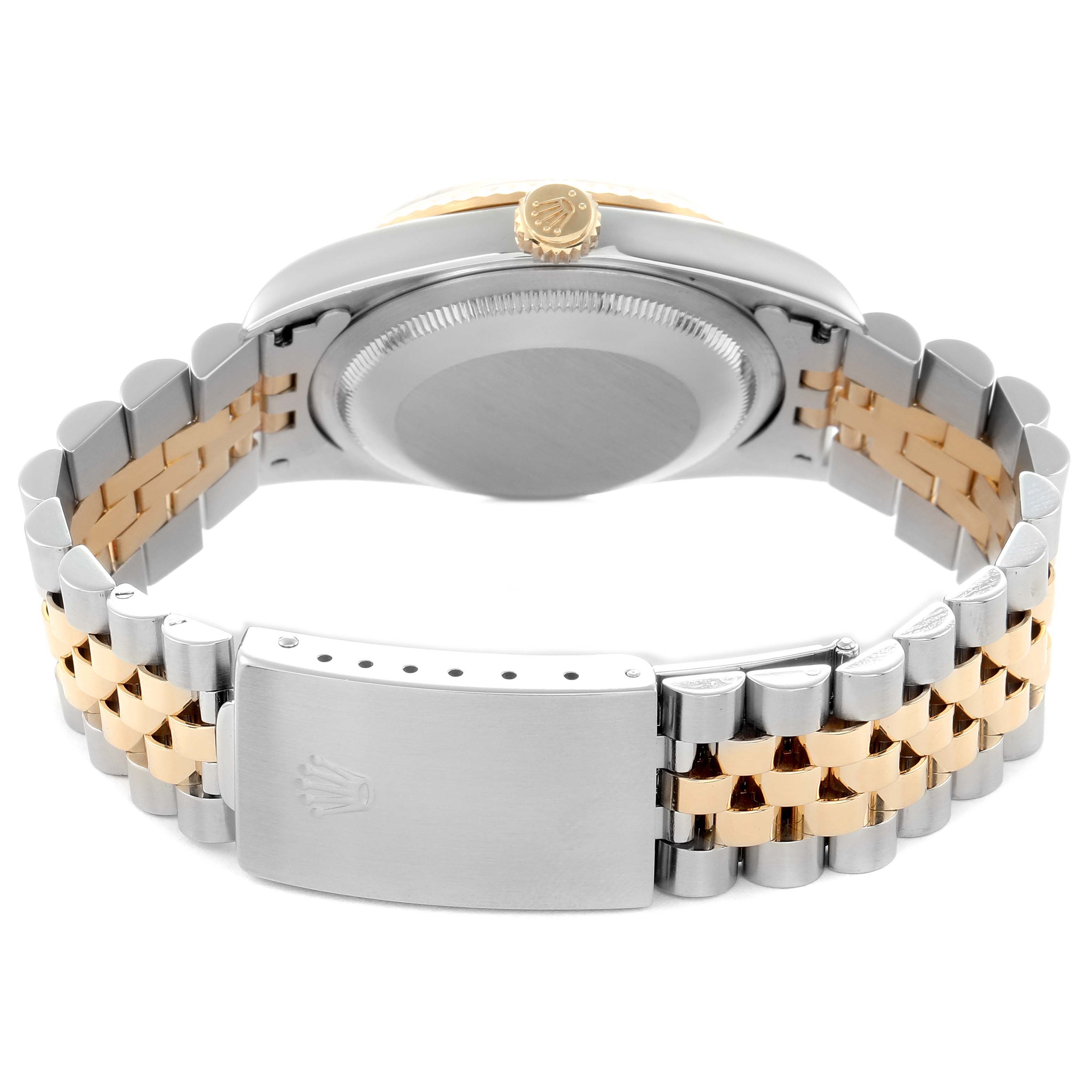 The image shows the back and side of the Rolex Datejust 16233 men
s watch, highlighting the two-tone bracelet, clasp, and case back from a rear angle.