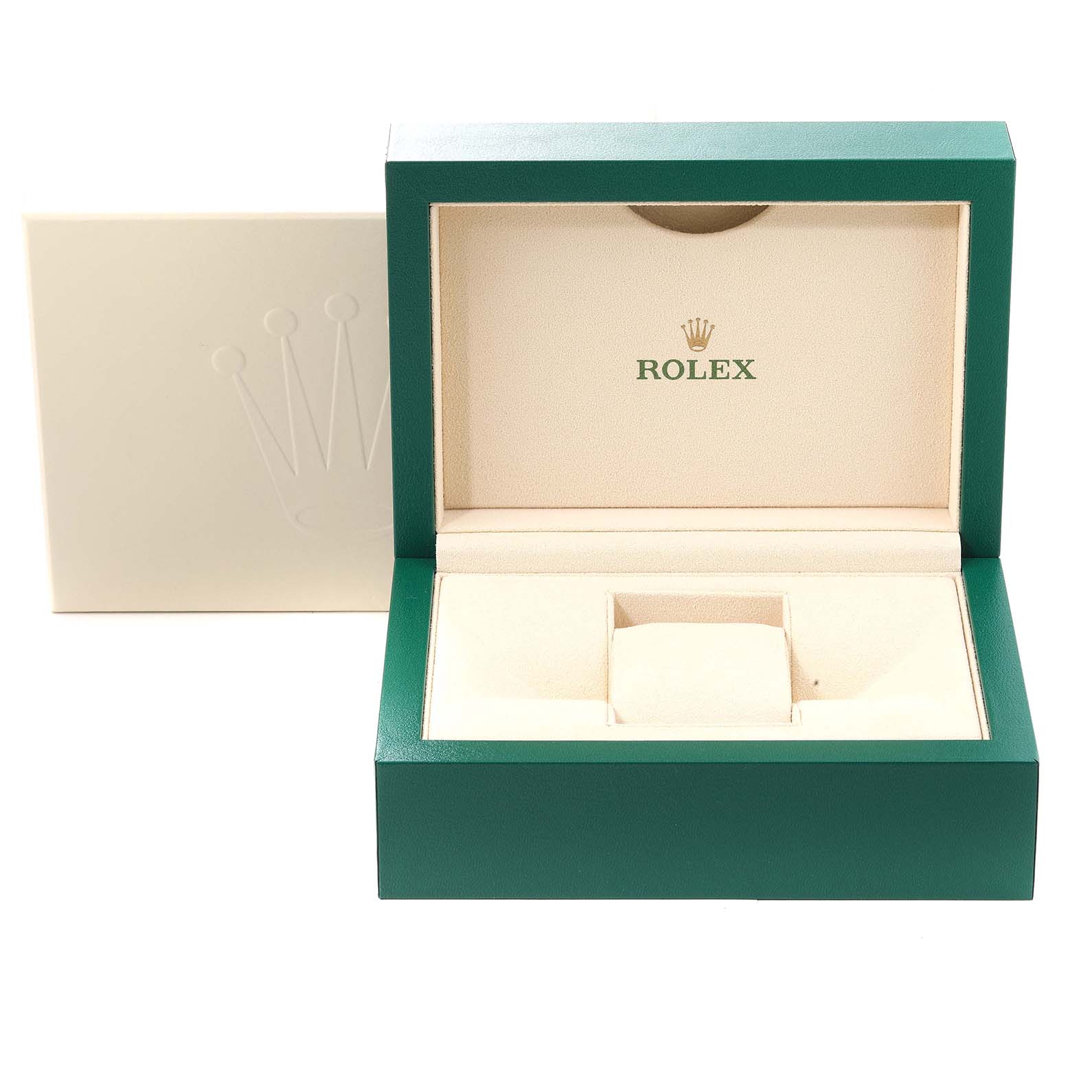 The image shows an open Rolex Datejust 116233 Men's Stainless Steel White Dial 116233 Men's Stainless Steel White Dial watch box with cream interior and green exterior.