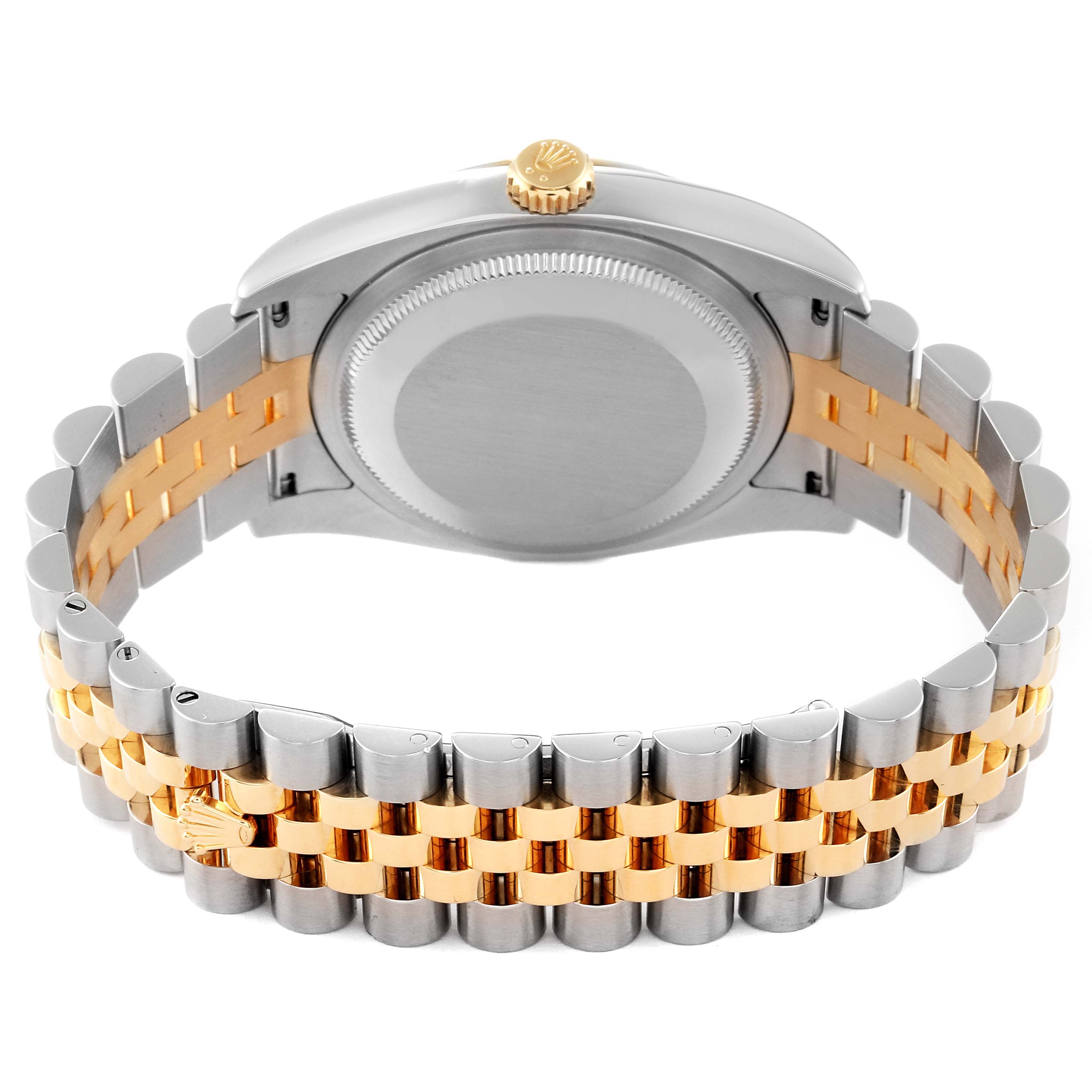 This image shows the back side of the Rolex Datejust 116233 Men's Stainless Steel White Dial 116233 Men's Stainless Steel White Dial watch, highlighting the two-tone Jubilee bracelet and the case back.