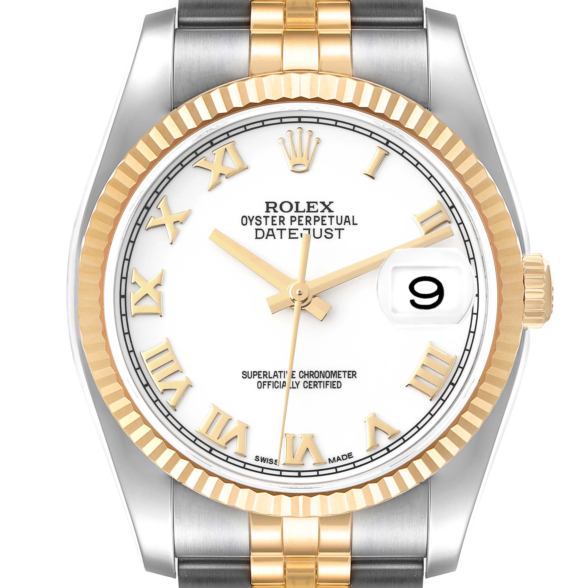 This image shows a front view of the Rolex Datejust 116233 Men's Stainless Steel White Dial 116233 Men's Stainless Steel White Dial watch, highlighting its dial, bezel, bracelet, and crown.