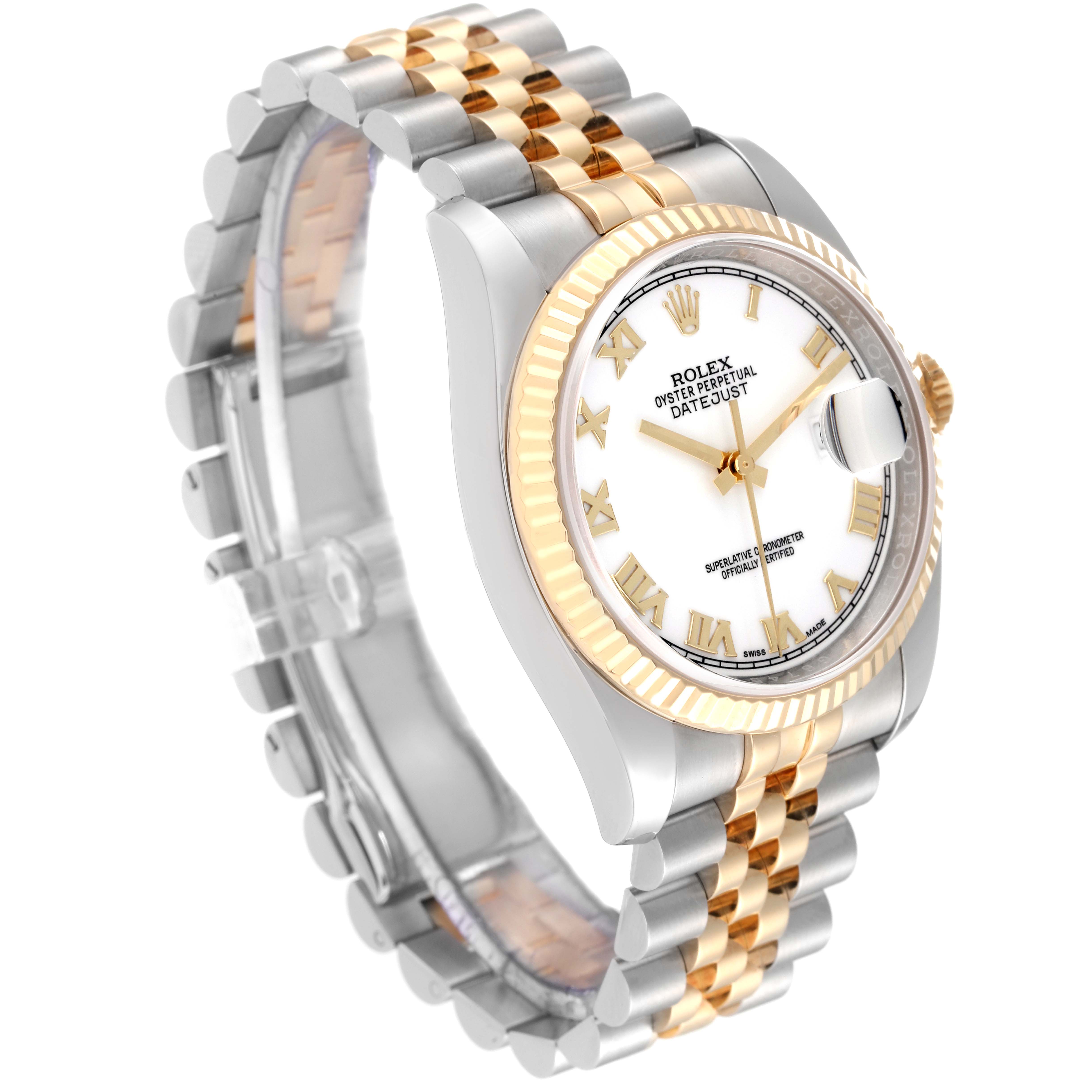 This Rolex Datejust 116233 Men's Stainless Steel White Dial 116233 Men's Stainless Steel White Dial watch is shown at a three-quarter angle, highlighting the dial, bezel, case, and two-tone bracelet.