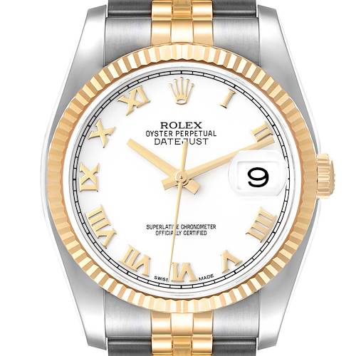 Photo of Rolex Datejust Steel Yellow Gold White Roman Dial Mens Watch 116233